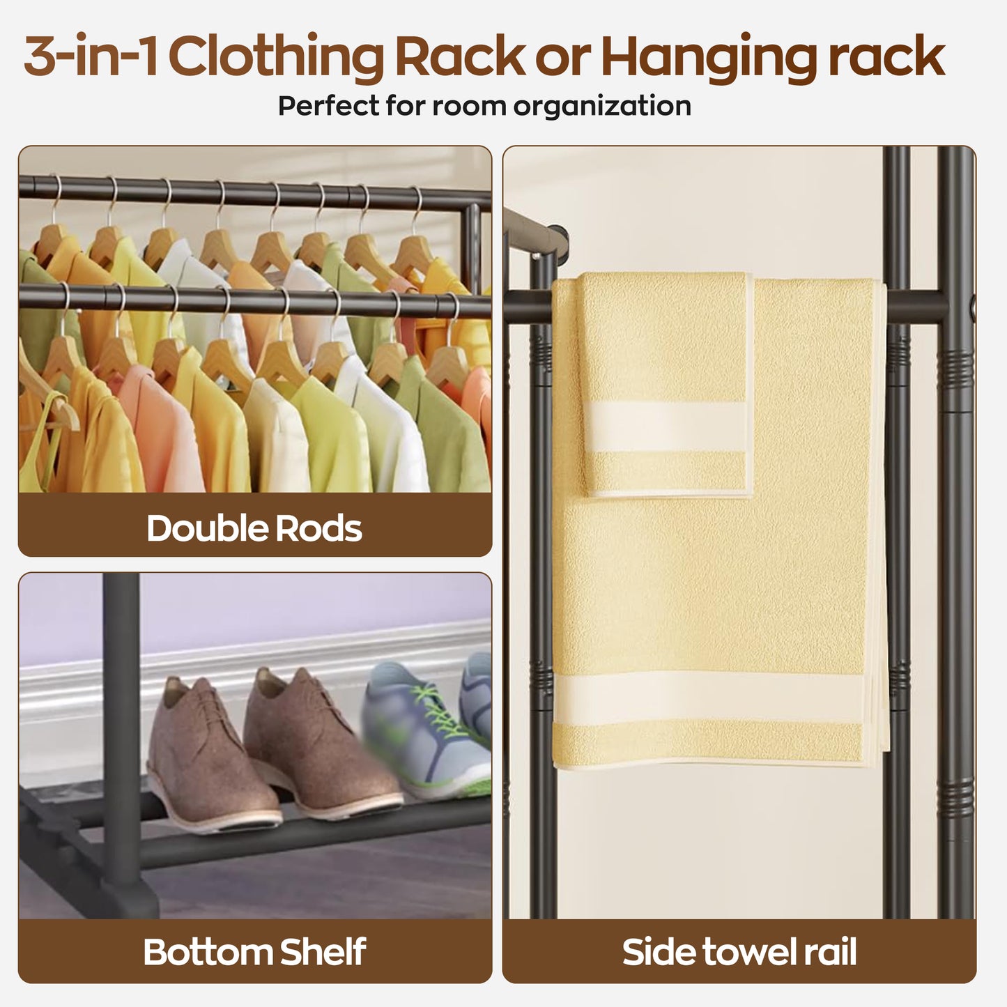 HioHa Clothes Rack, Heavy Duty Clothing Racks or Hanging Racks with Shelf, Adjustable Garment Rack with Wheels 35-61Wx16Dx35-61H Inches for Bedroom Laundry Living Room
