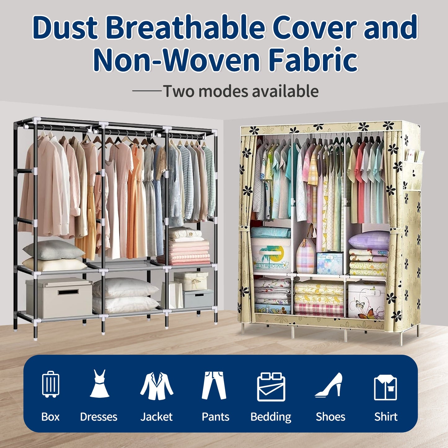 HioHa Wardrobe Closet, Portable Closet with Thickened Steel Pipe Steel Pipe, Clothes Storage Organizer with 3 Hanging Rods and 6 Storage Shelves and Side Pockets(Beige)
