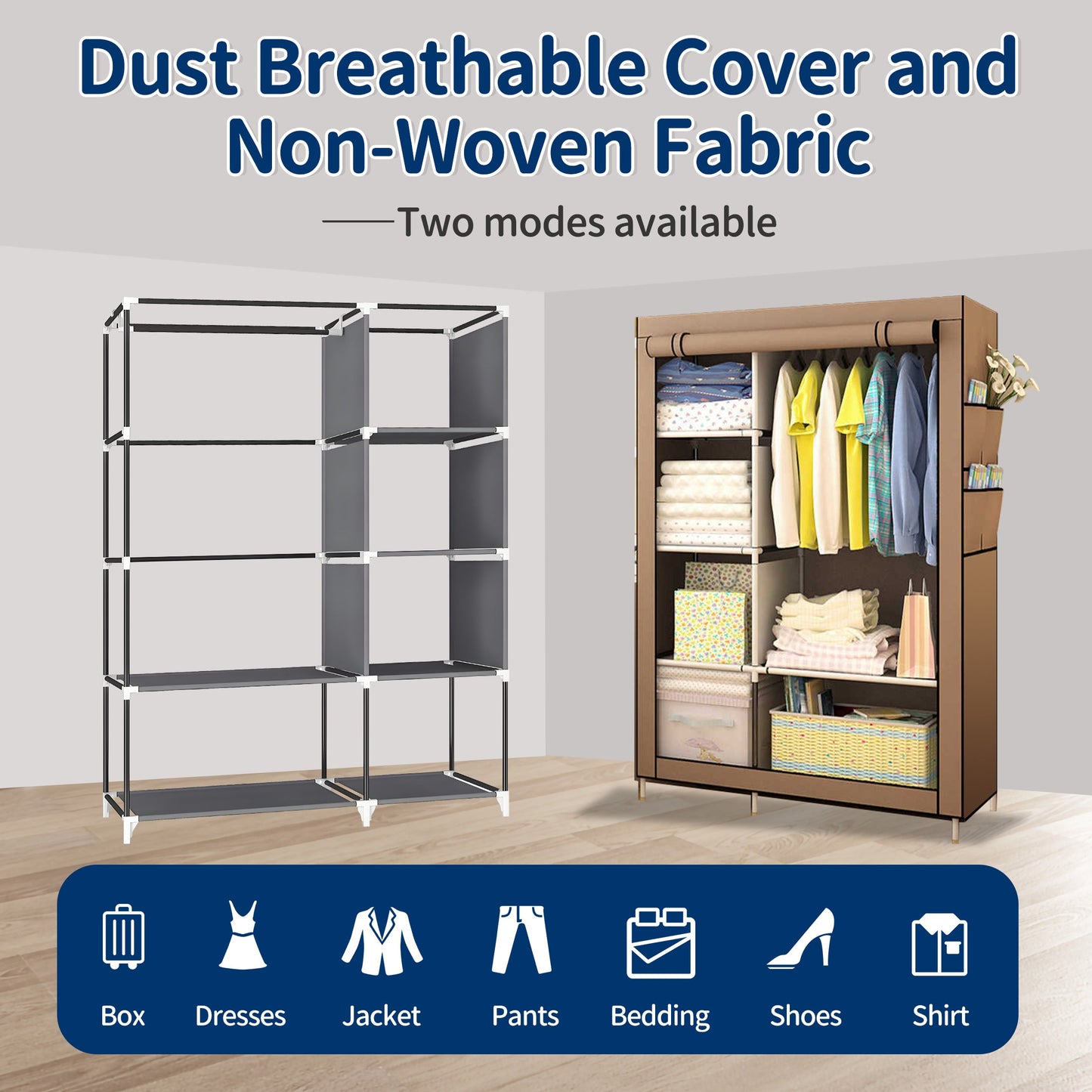 HioHa Portable Closet, Wardrobe Closet Storage with Thickened Steel Pipe, Clothes Storage Organizer with Waterproof Cover for Bedroom, 67x41x18 Inch(Coffee)