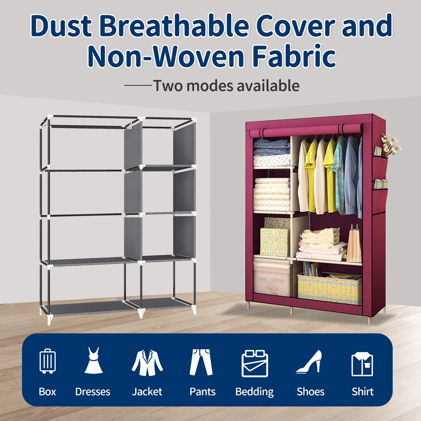 HioHa Portable Closet, Wardrobe Closet Storage with Thickened Steel Pipe, Clothes Storage Organizer with Waterproof Cover for Bedroom, 67x41x18 Inch(Burgundy)