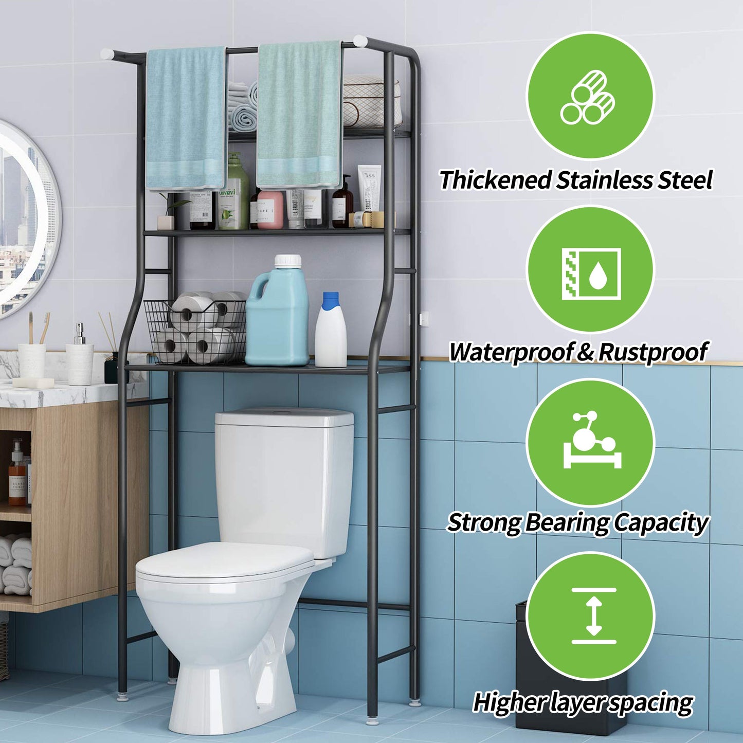 HioHa Over the Toilet Storage, Bathroom Organizers and Storage Shelf with Hanging Rod Paper Holder and 3 Hooks, Freestanding Toilet Rack Space Saver, Black
