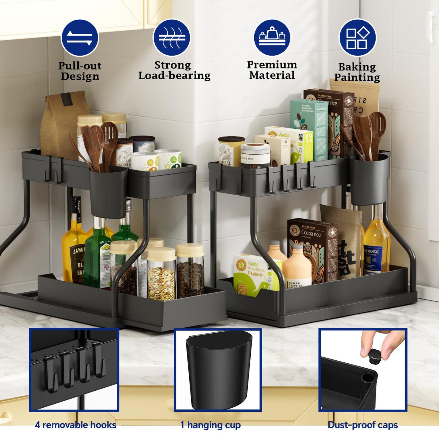 HioHa Under Sink Organizer, L-Shaped Pull Out Cabinet Organizer for Narrow Space, 2 Tier Drawer Organization and Storage Shelves for Kitchen Bathroom, 2PCS
