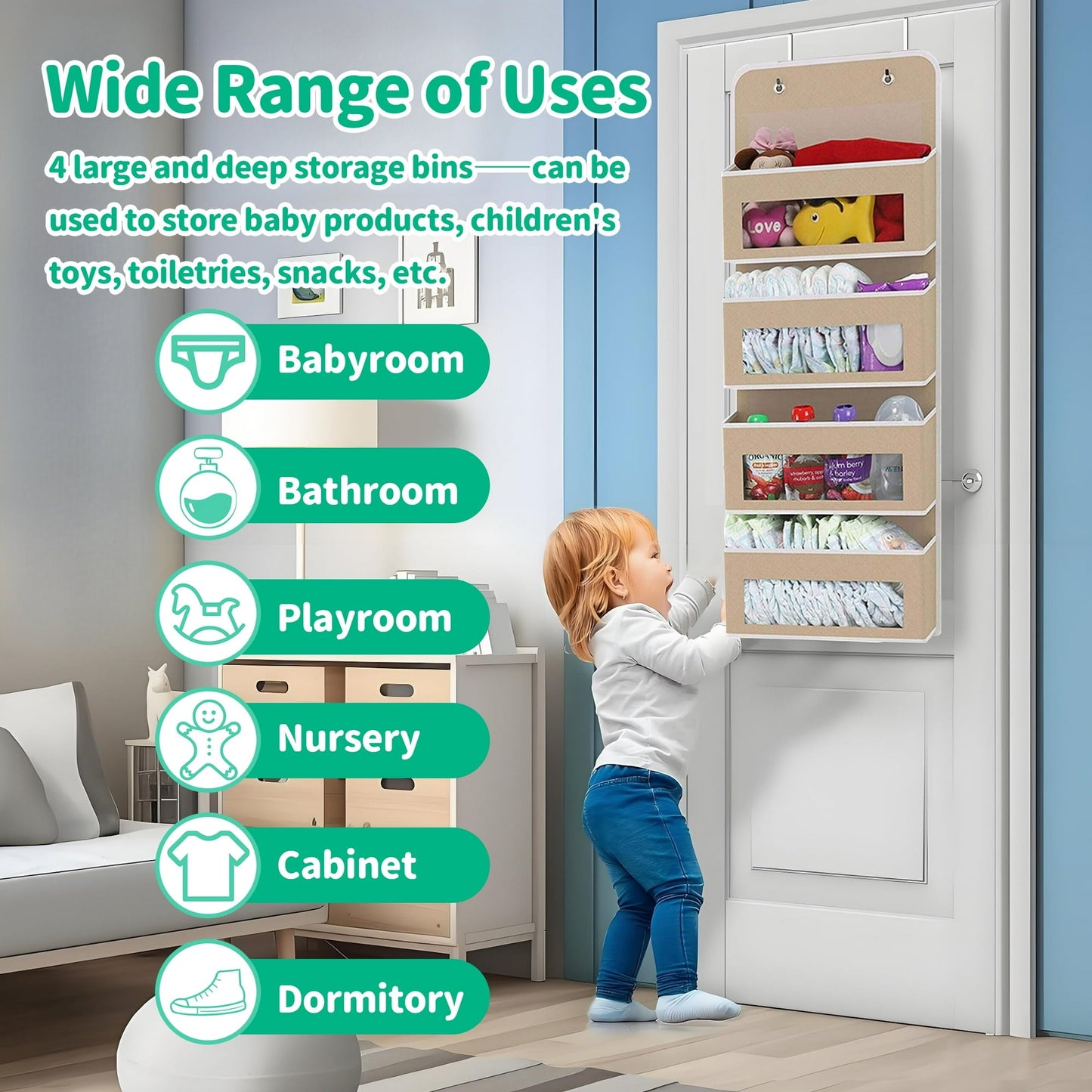 HioHa Over the Door Organizer, 4-Tier Hanging Closet Bathroom Storage with 6 Mesh Side Pockets, Wall Mount Toy Stuffed Animal Storage for Baby Essentials, Nursery, Bedroom, Bathroom, Dorm