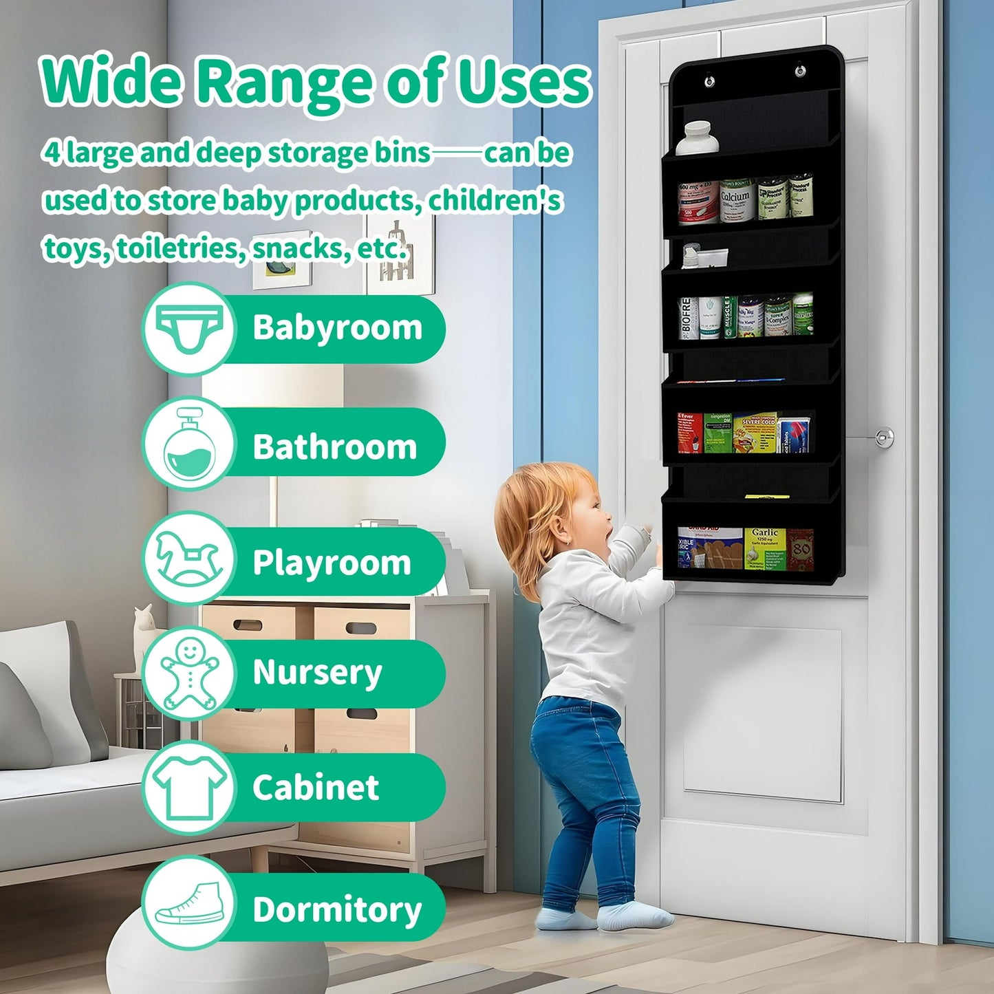 HioHa Over the Door Organizer, 4-Tier Hanging Closet Bathroom Storage with 6 Mesh Side Pockets, Wall Mount Toy Stuffed Animal Storage for Baby Essentials, Nursery, Bedroom, Bathroom, Dorm