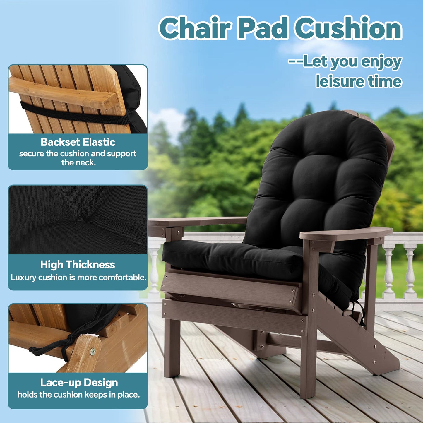 HioHa Adirondack Chair Cushion, Patio Chair Cushion with Ties 49x20x4.8 Inch, Indoor/Outdoor Rocking Chair Cushion with Sunproof Waterproof and Fade-Resistant(Black, 2pcs)
