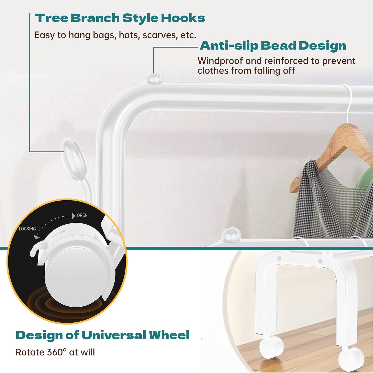 HioHa Rolling Clothes Rack, Double Rail Clothing Drying Rack with 2-Tier Shelf, Heavy Duty Garment Rack with Wheels, White