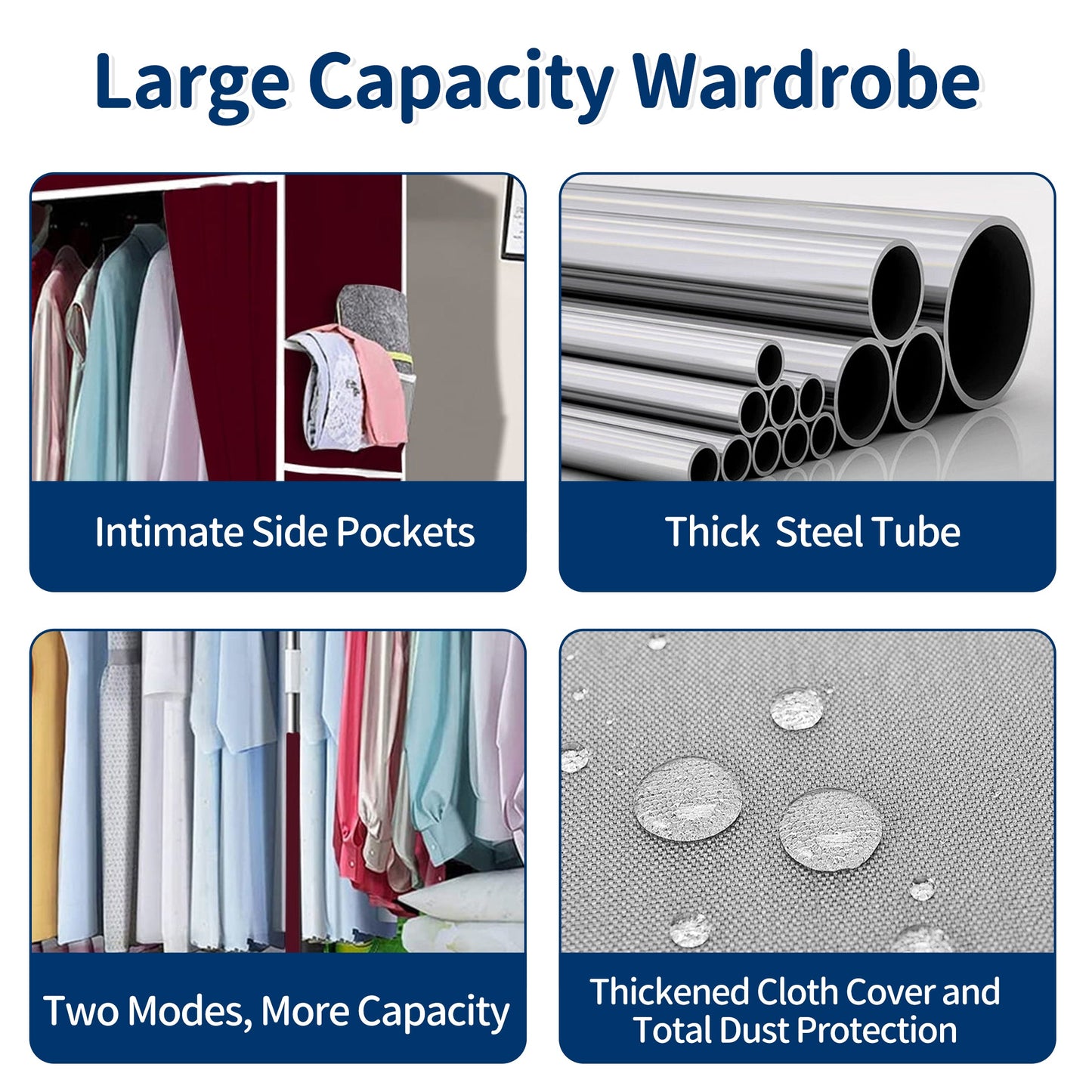 HioHa Wardrobe Closet, Portable Closet with Thickened Steel Pipe Steel Pipe, Clothes Storage Organizer with 3 Hanging Rods and 6 Storage Shelves and Side Pockets