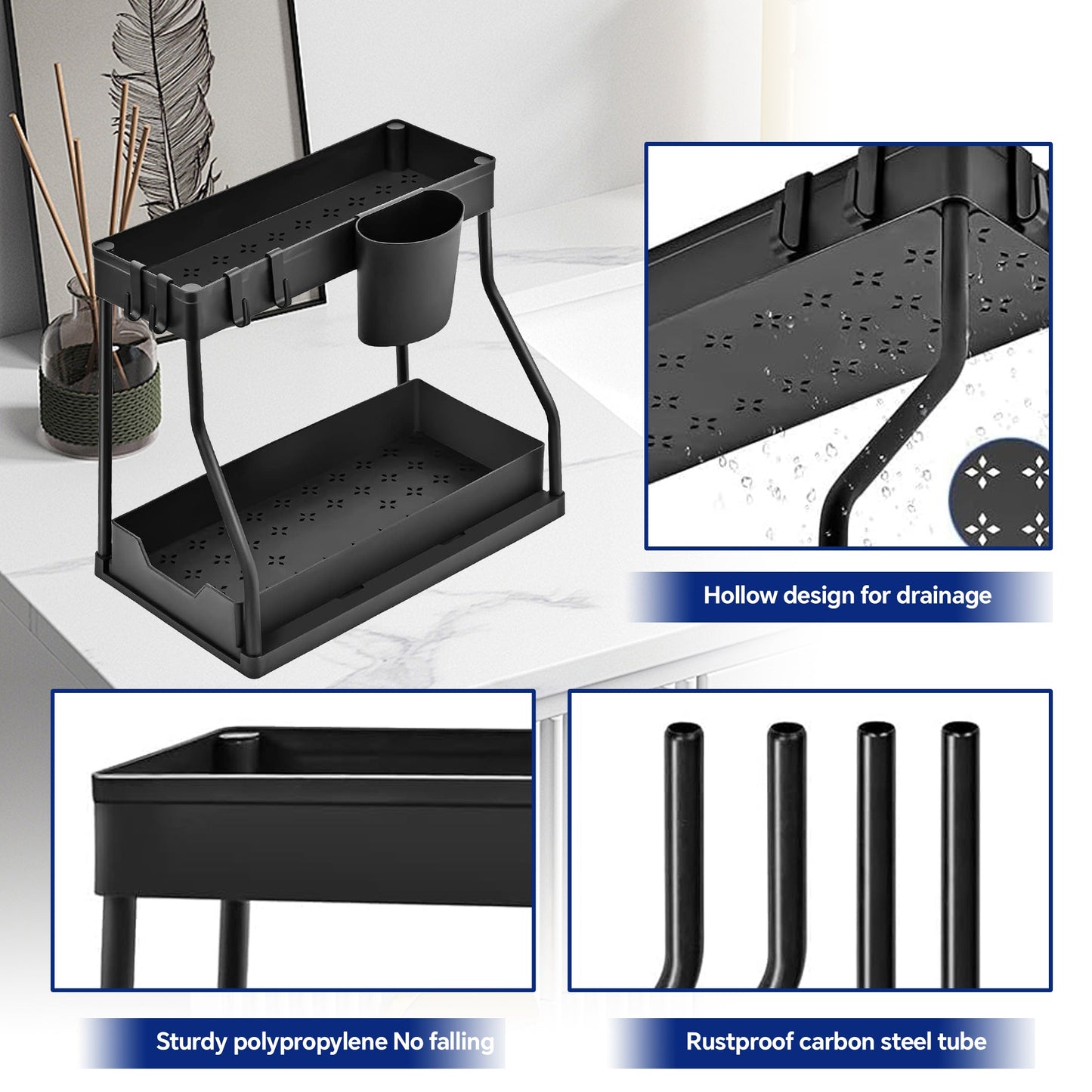 HioHa Under Sink Organizer, L-Shaped Pull Out Cabinet Organizer for Narrow Space, 2 Tier Drawer Organization and Storage Shelves for Kitchen Bathroom, 2PCS