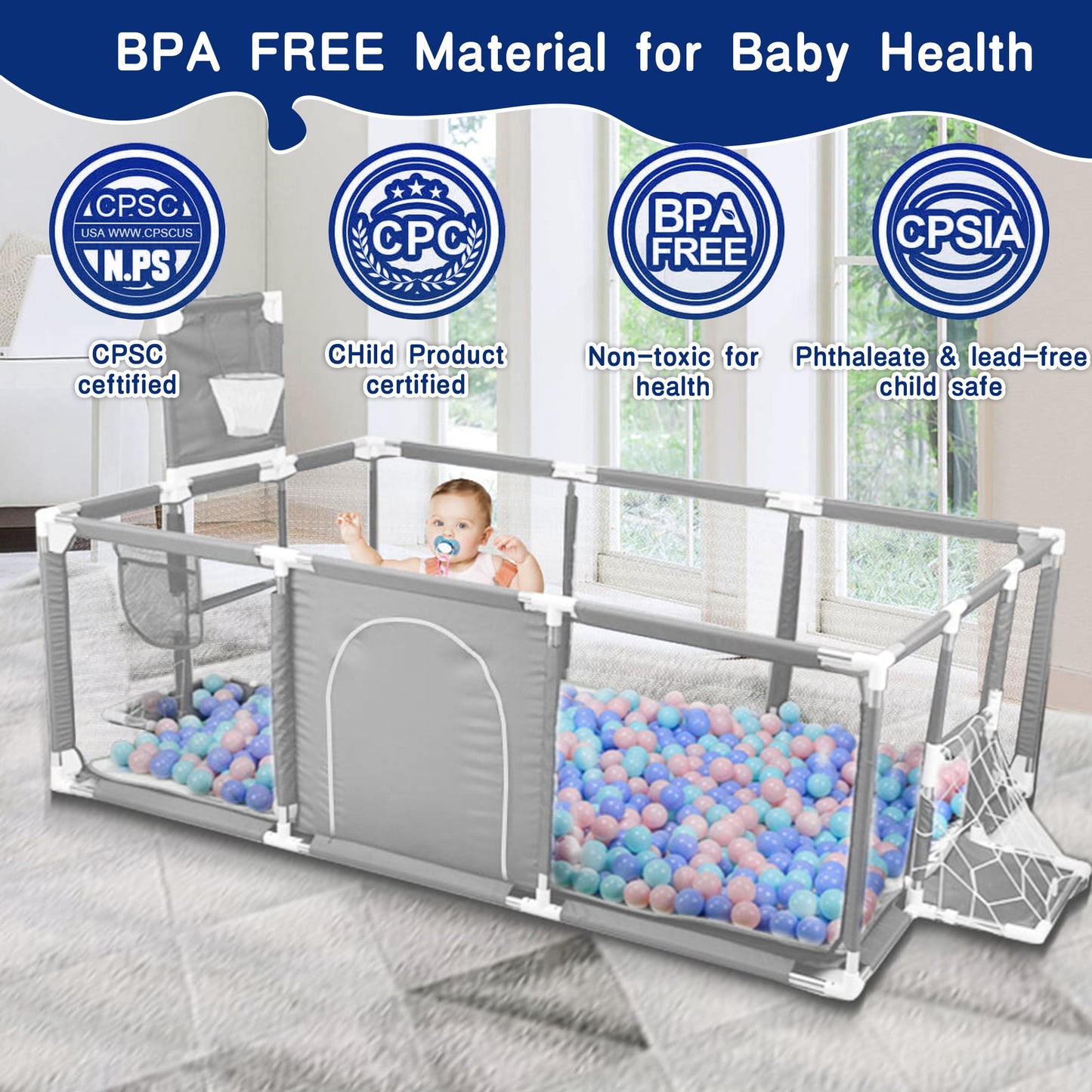 Extra Large Baby Playpen, Big Play Pens for Babies and Toddlers, Gap-Free, Climb-Proof Baby Playards for Indoor Fun, Baby Gate Playpen with Zippered Door and Storage Bag(Gray)