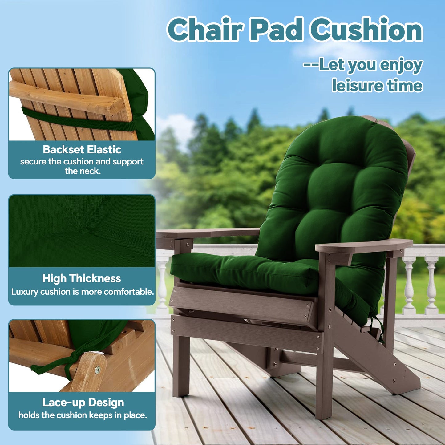 HioHa Adirondack Chair Cushion, Patio Chair Cushion with Ties 49x20x4.8 Inch, Indoor/Outdoor Rocking Chair Cushion with Sunproof Waterproof and Fade-Resistant(Green, 2pcs)