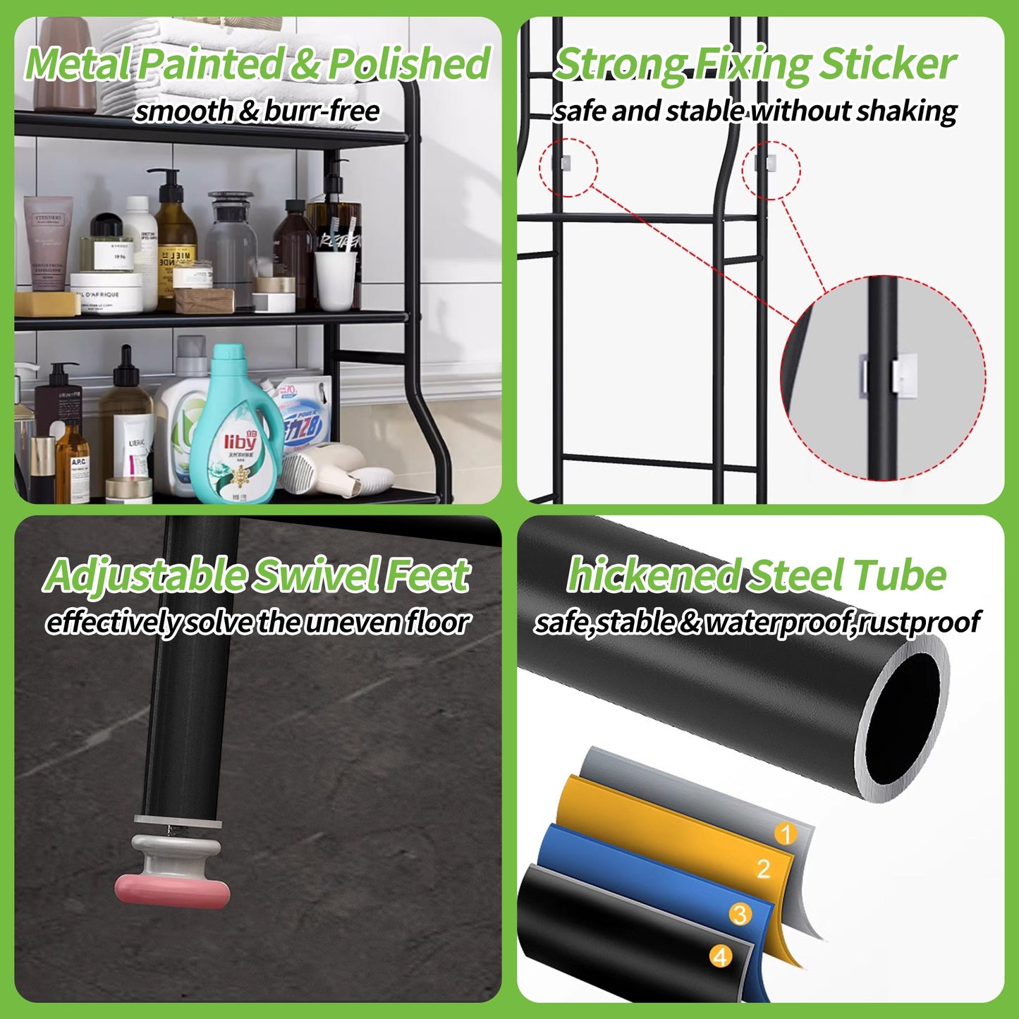 HioHa Over the Toilet Storage, Bathroom Organizers and Storage Shelf with Hanging Rod Paper Holder and 3 Hooks, Freestanding Toilet Rack Space Saver, Black