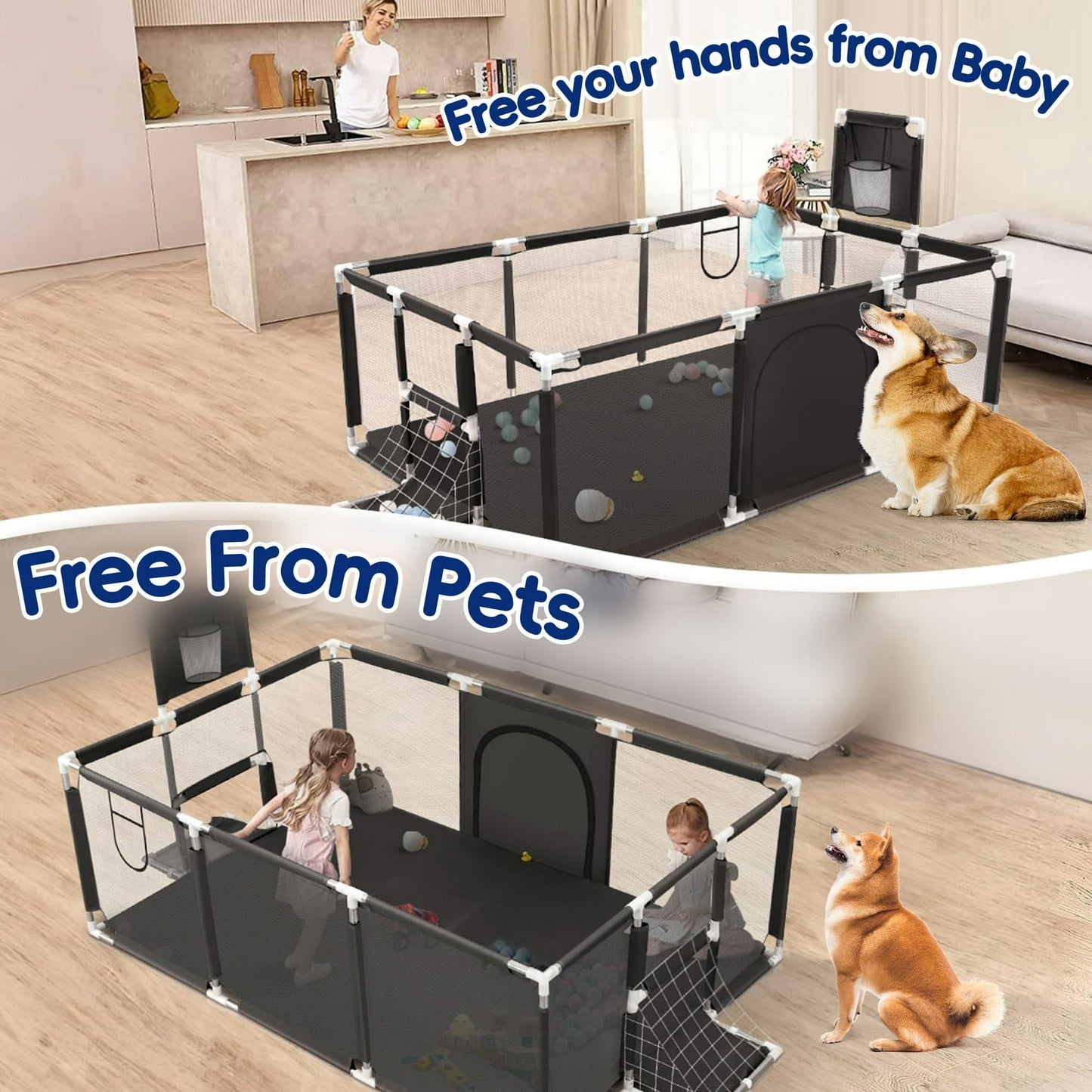 HioHa Extra Large Baby Playpen, Big Play Pens for Babies and Toddlers, Gap-Free, Climb-Proof Baby Playards for Indoor Fun, Baby Gate Playpen with Zippered Door and Storage Bag