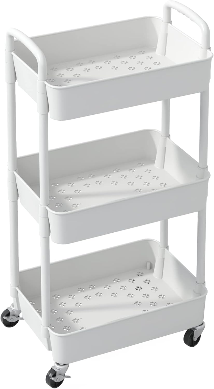 HioHa Rolling Utility Cart, 3-Tier Storage Cart Movably with Drawer & Metal Wheels, Multifunctional Storage Organizer Shelves with Handle for Kitchen Bathroom Living Room Office