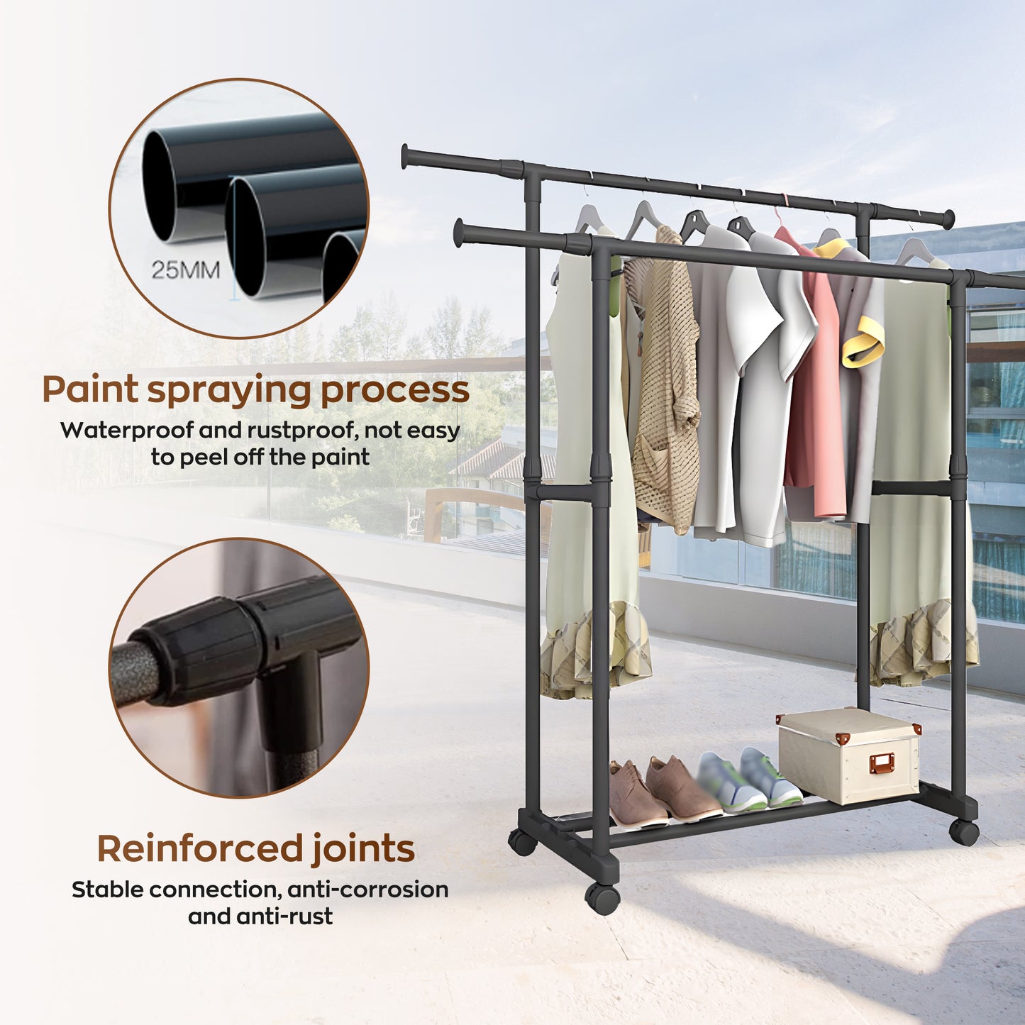 HioHa Clothes Rack, Heavy Duty Clothing Racks or Hanging Racks with Shelf, Adjustable Garment Rack with Wheels 35-61Wx16Dx35-61H Inches for Bedroom Laundry Living Room