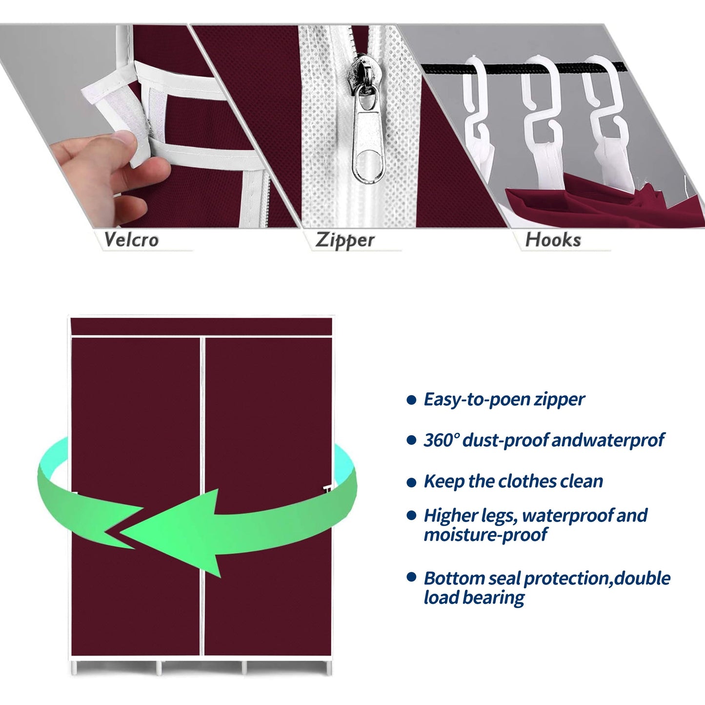 HioHa Wardrobe Closet, Portable Closet with Thickened Steel Pipe Steel Pipe, Clothes Storage Organizer with 3 Hanging Rods and 6 Storage Shelves and Side Pockets