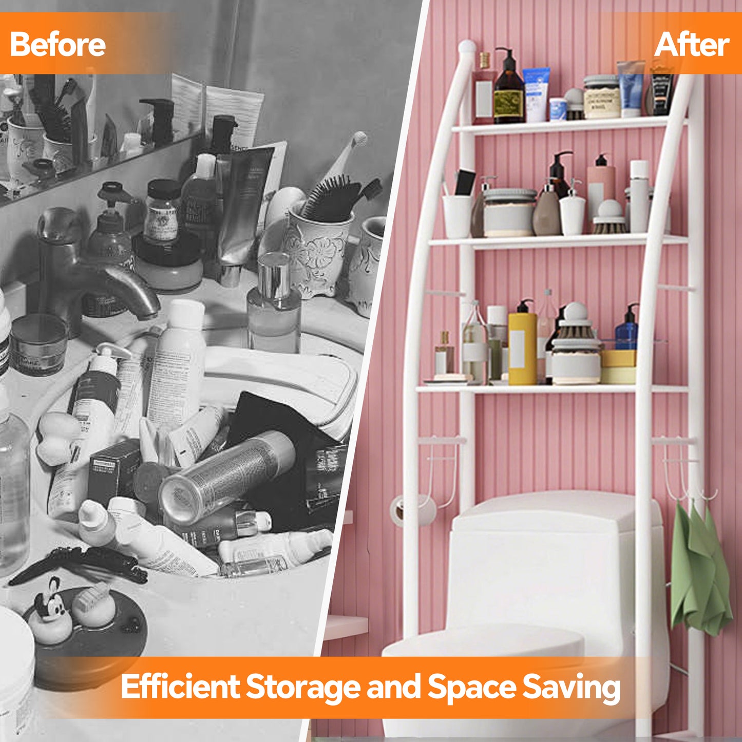HioHa Over the Toilet Storage, Bathroom Organizer and Storage Shelf with Paper Holder and Hooks, New Over Toilet Storage Rack for Bathroom Laundry Room Balcony, 17.32"W White