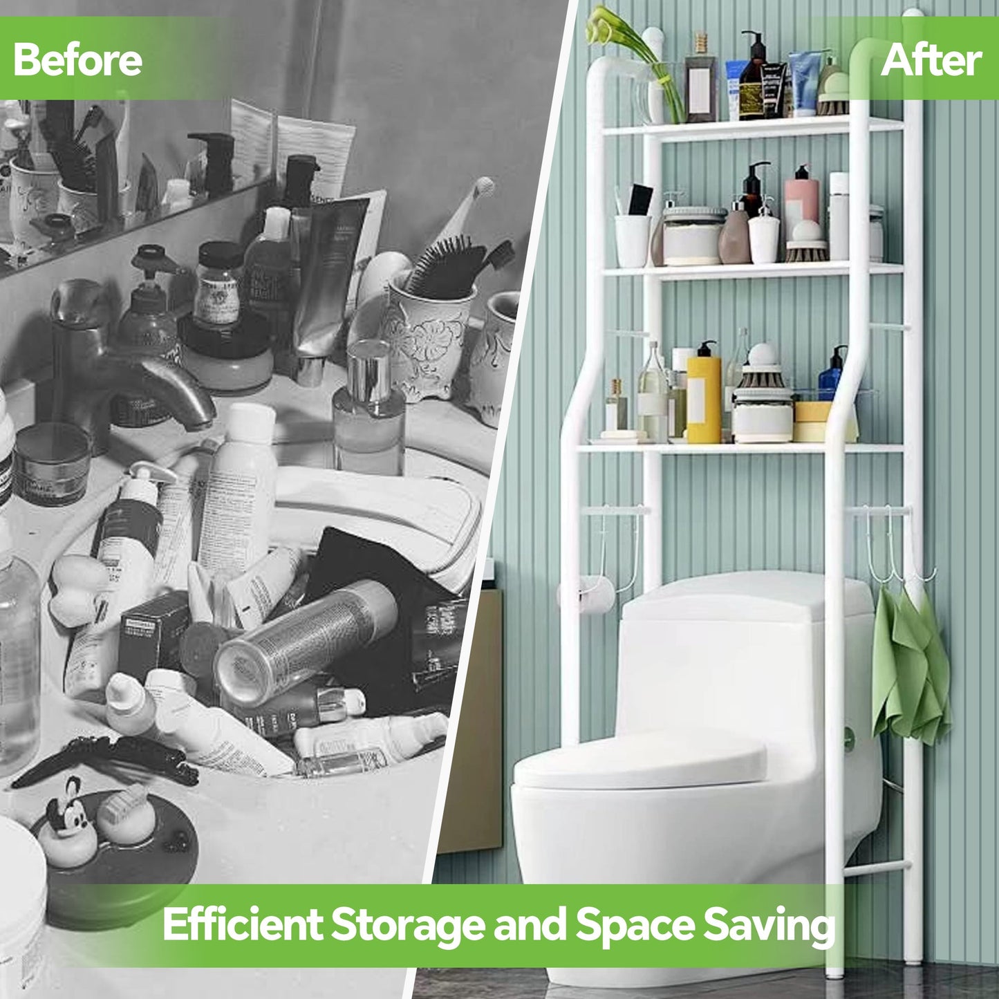 HioHa Over the Toilet Storage, Bathroom Organizers and Storage Shelf with Paper Holder and 3 Hooks, Freestanding Toilet Rack Space Saver for Balcony, Restroom, Laundry(White)
