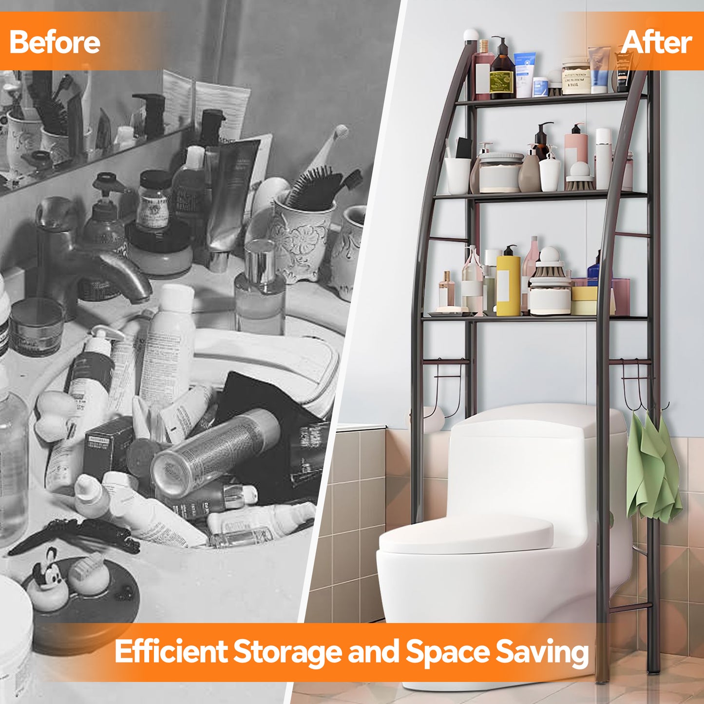 HioHa Over the Toilet Storage, Bathroom Organizer and Storage Shelf with Paper Holder and Hooks, New Over Toilet Storage Rack for Bathroom Laundry Room Balcony, 17.32"W Black