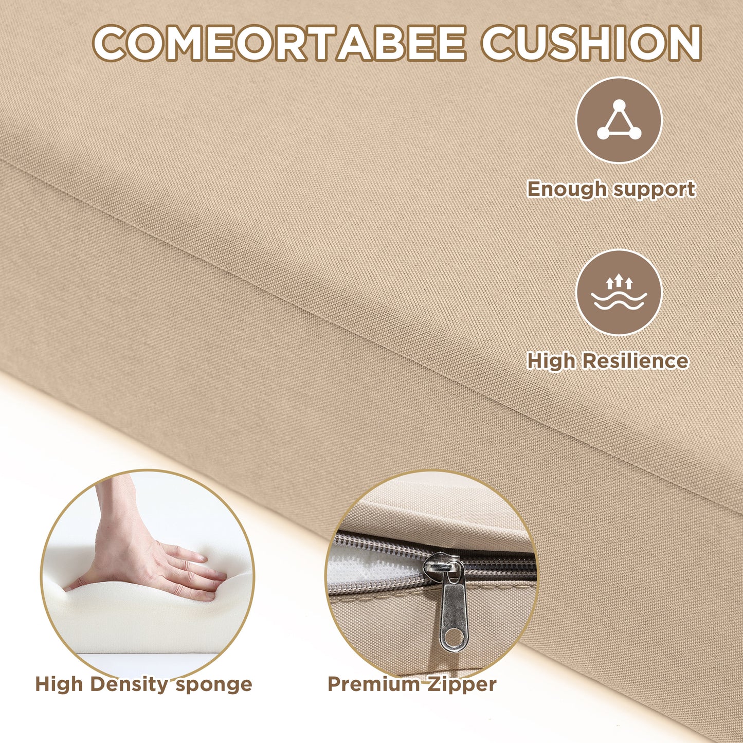LCGOD Outdoor Chaise Lounge Cushions, 72x21x3 inch Patio Recliner Chair Cushion with Ties, High-Density Foam Chair Cushion for Outdoor Furniture, khaki