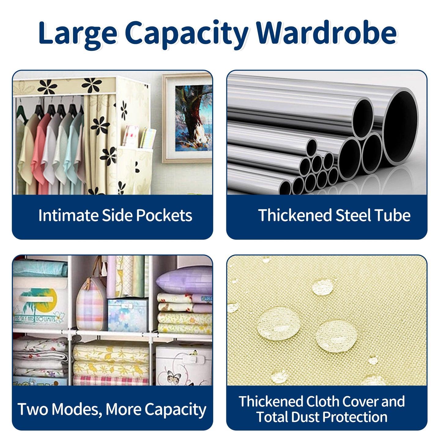 HioHa Wardrobe Closet, Portable Closet with Thickened Steel Pipe Steel Pipe, Clothes Storage Organizer with 3 Hanging Rods and 6 Storage Shelves and Side Pockets(Beige)