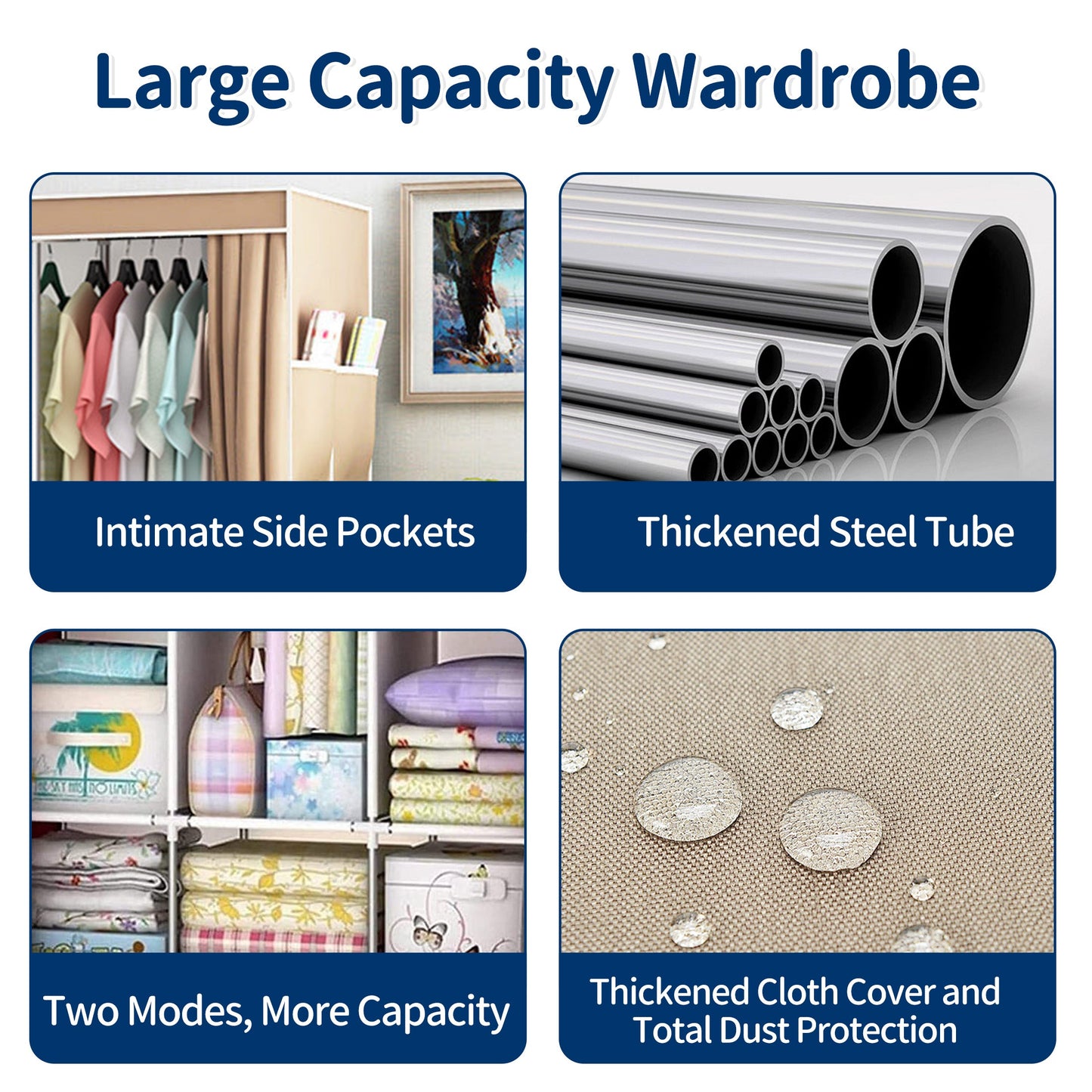 HioHa Wardrobe Closet, Portable Closet with Thickened Steel Pipe Steel Pipe, Clothes Storage Organizer with 3 Hanging Rods and 6 Storage Shelves and Side Pockets(Coffee)