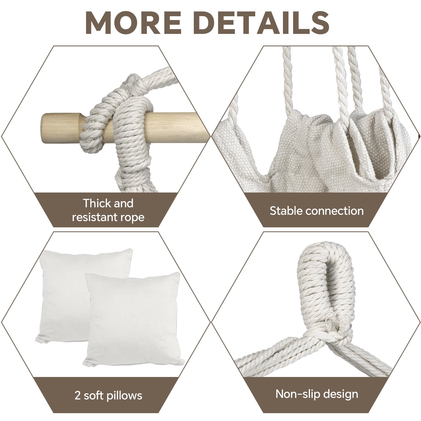 HioHa Hammock Chair, Hanging Rope Swing Max 264 lbs with Anti-Slip Grooves, Hanging Chair Relax Cotton Weave with 2 Cushions, for Indoor/Outdoor Home Yard Garden(White)