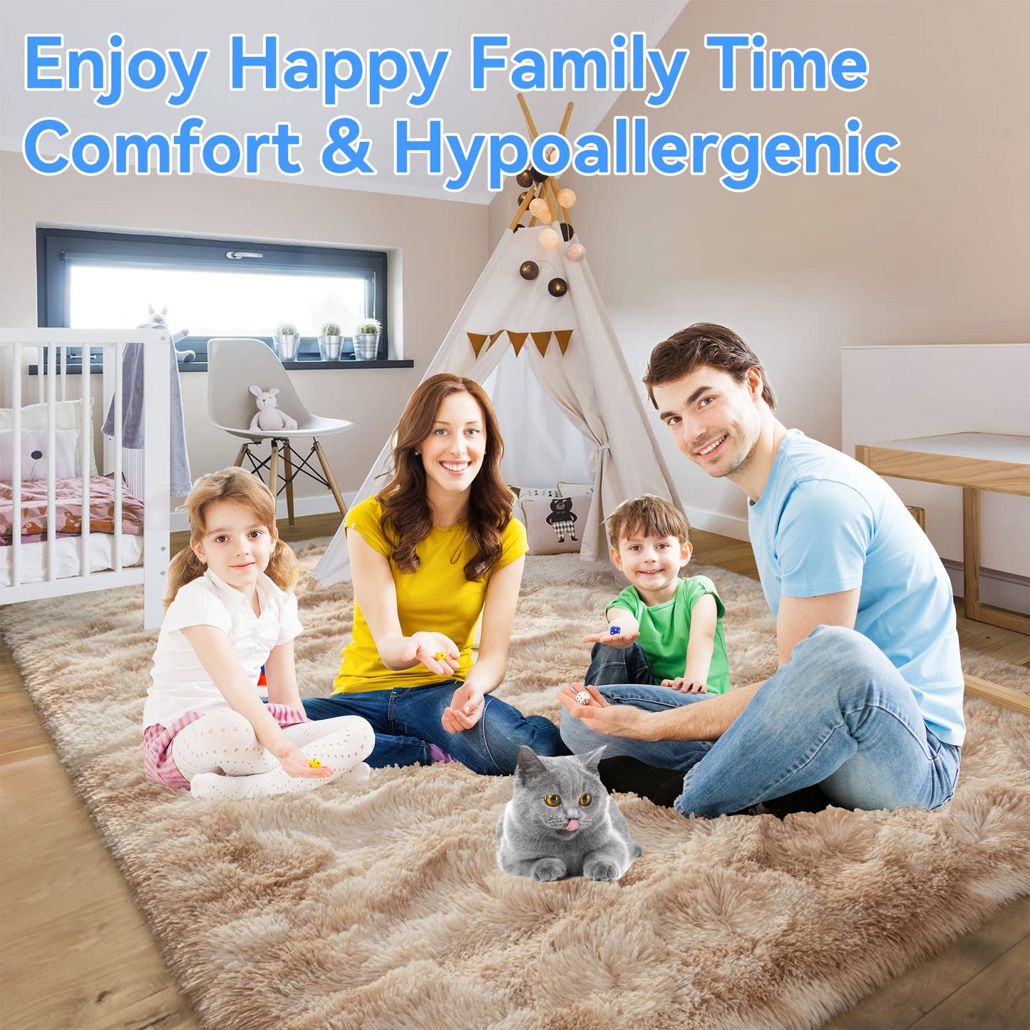 HioHa Area Rugs, 9ft x 6ft Shaggy Area Rugs for Living Room Bedroom, Soft Fluffy Rugs & Plush Decorative Rug for Indoor Home Floor Carpet Mat Khaki