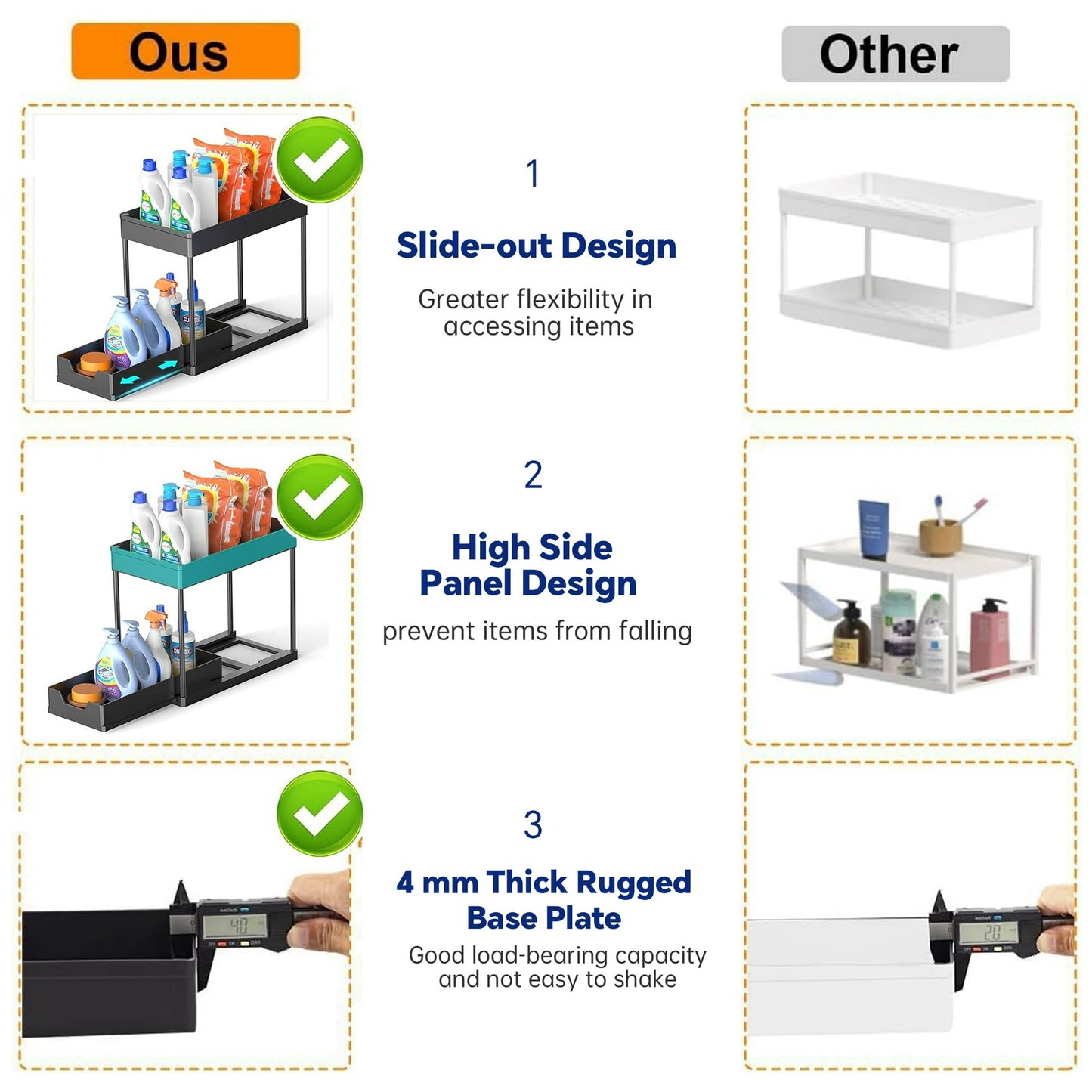 HioHa Under Sink Organizer, 2 Tier Under Sink Storage for Narrow Space, Pull Out Cabinet Organizer with 8 Hooks for Kitchen Bathroom, 2PCS