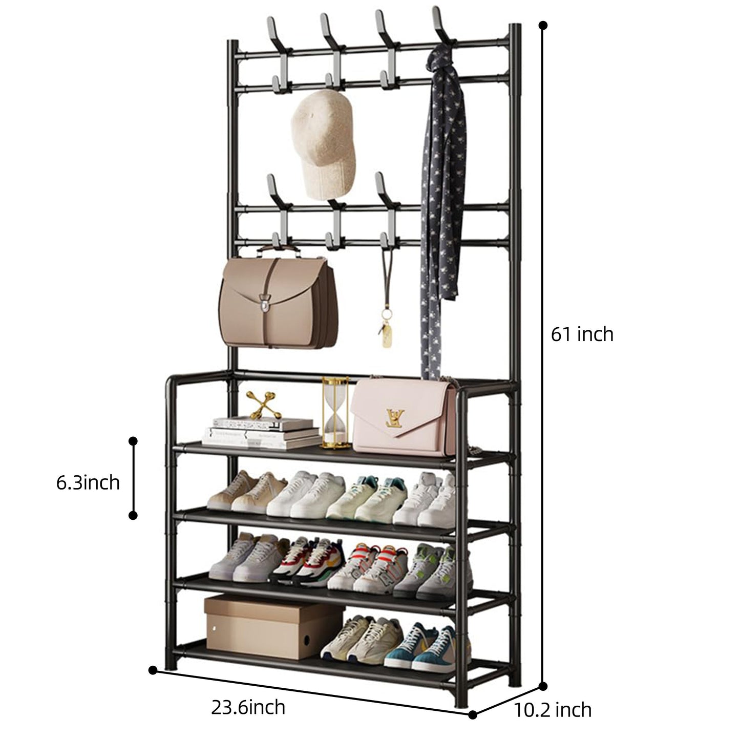 HioHa Coat and Shoe Rack with 4-tier Shelves and 8 Hooks, Black