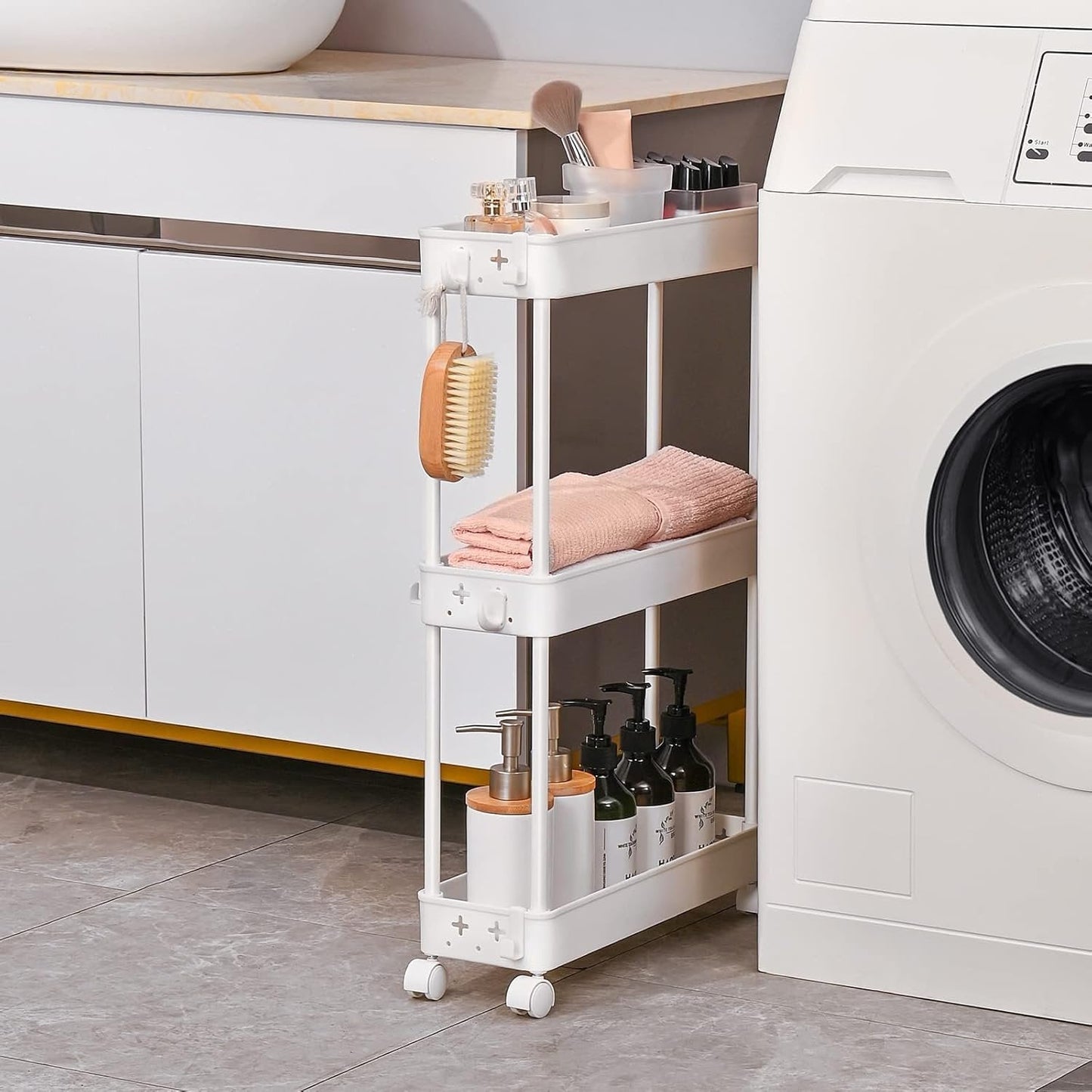 HioHa Slim Storage Cart, 3-Tier Bathroom Organizers and Storage Movably with Wheels & Hooks, Rolling Utility Cart for Kitchen Bathroom Living Room Office