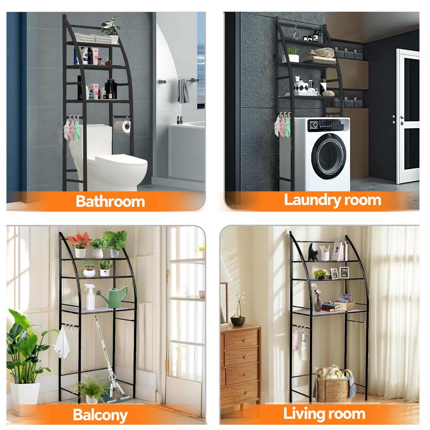 HioHa Over the Toilet Storage, Bathroom Organizer and Storage Shelf with Paper Holder and Hooks, New Over Toilet Storage Rack for Bathroom Laundry Room Balcony, 17.32"W Black