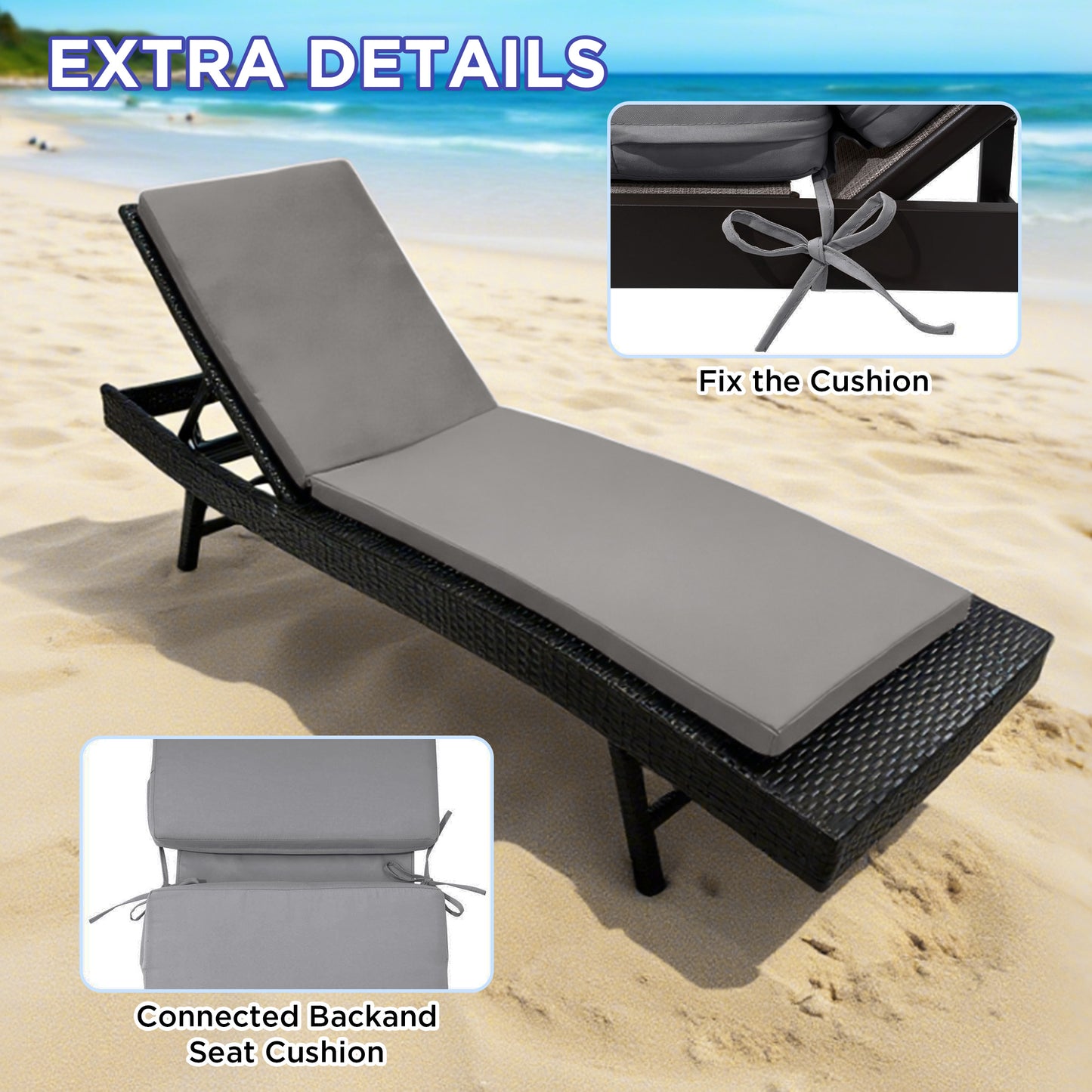 LCGOD Outdoor Chaise Lounge Cushions, 72x21x3 inch Patio Recliner Chair Cushion with Ties, High-Density Foam Chair Cushion for Outdoor Furniture, Dark Gray