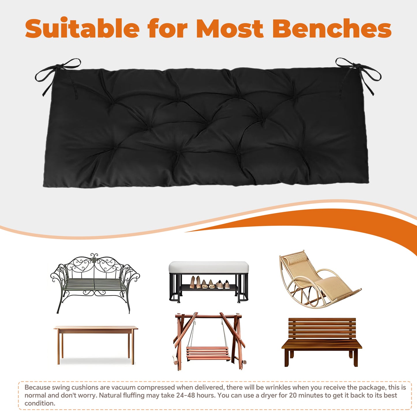 LCGOD Patio Swing Cushions, for Outdoor Bench , Waterproof & Fade-Resistant 60x20x3 in Black