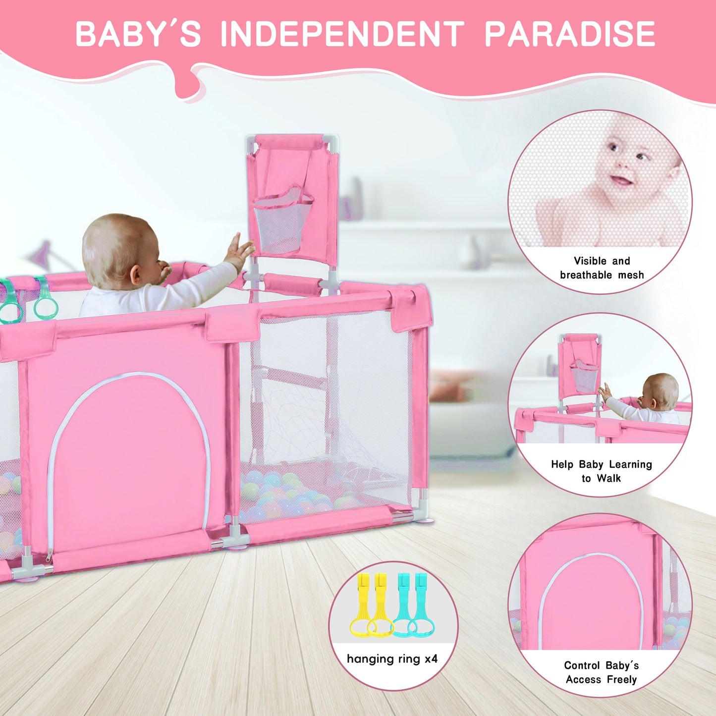 HioHa Large Baby Playpen, Big Baby Playard with Basketball Hoop, 71 inch Portable Play Yard Baby Fences with Storage Bag for Infant Toddler
