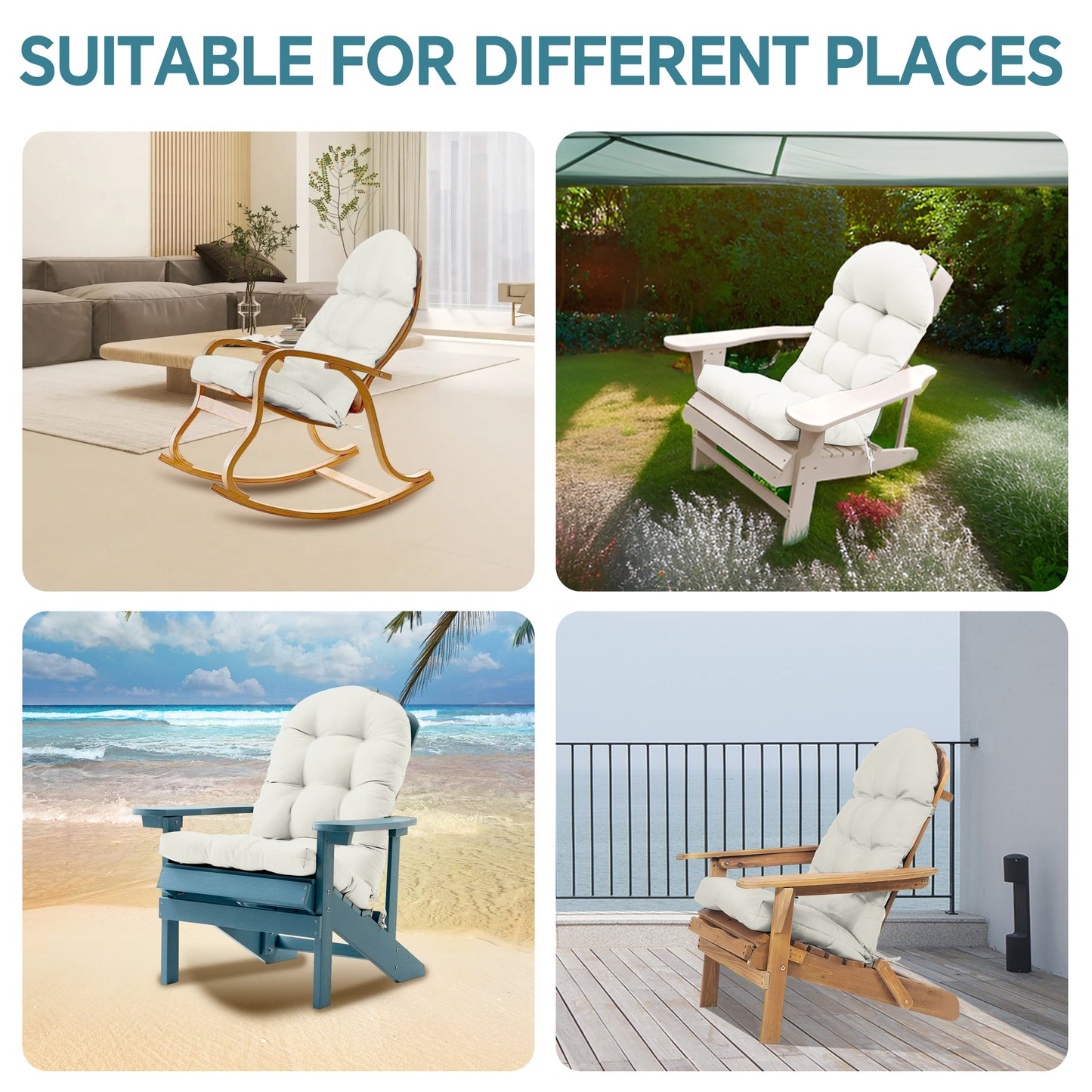 HioHa Adirondack Chair Cushion, 49x20x4.6 inch Patio Chair Cushion with Ties, Rocking Chair Pad Cushion Indoor/Outdoor with Sunproof Waterproof and Fade-Resistant(White, 2pc)