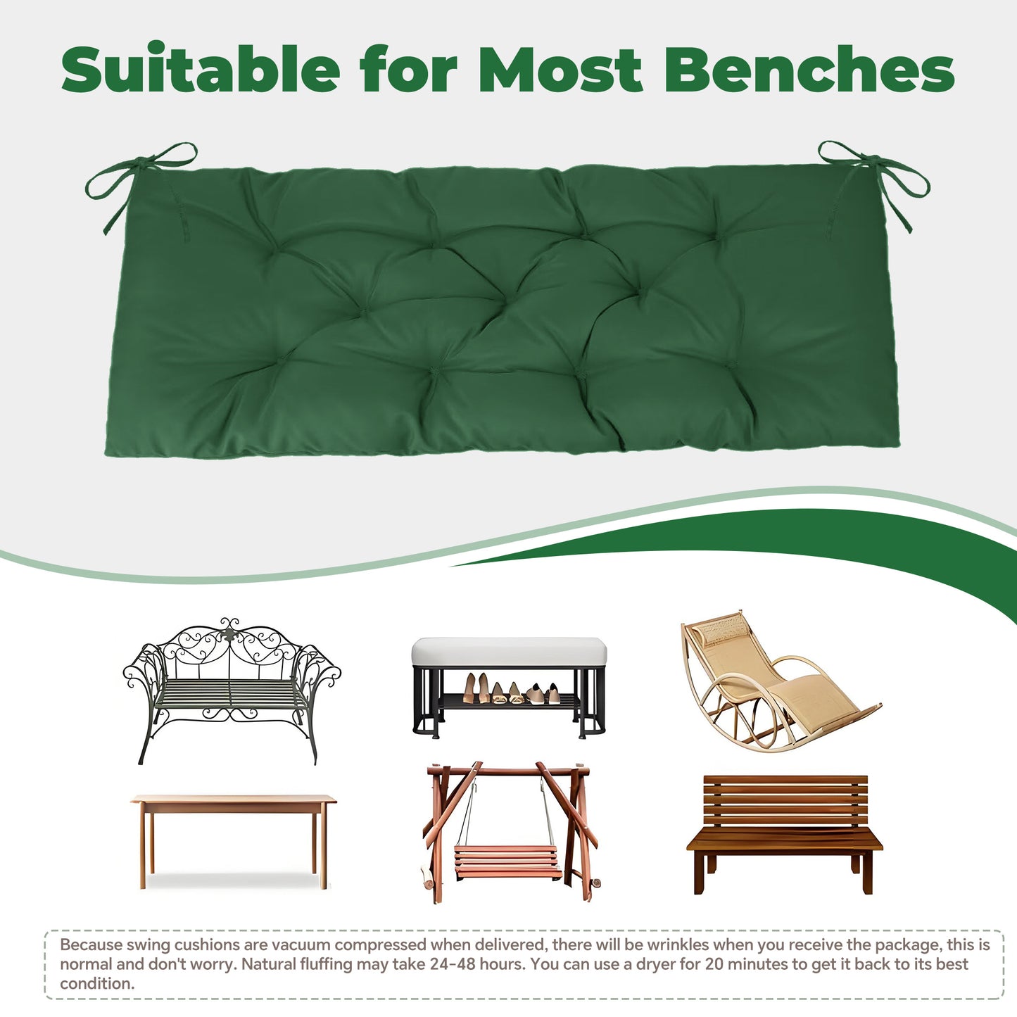 LCGOD Patio Swing Cushions, for Outdoor Bench , Waterproof & Fade-Resistant 60x20x3 in Dark Green