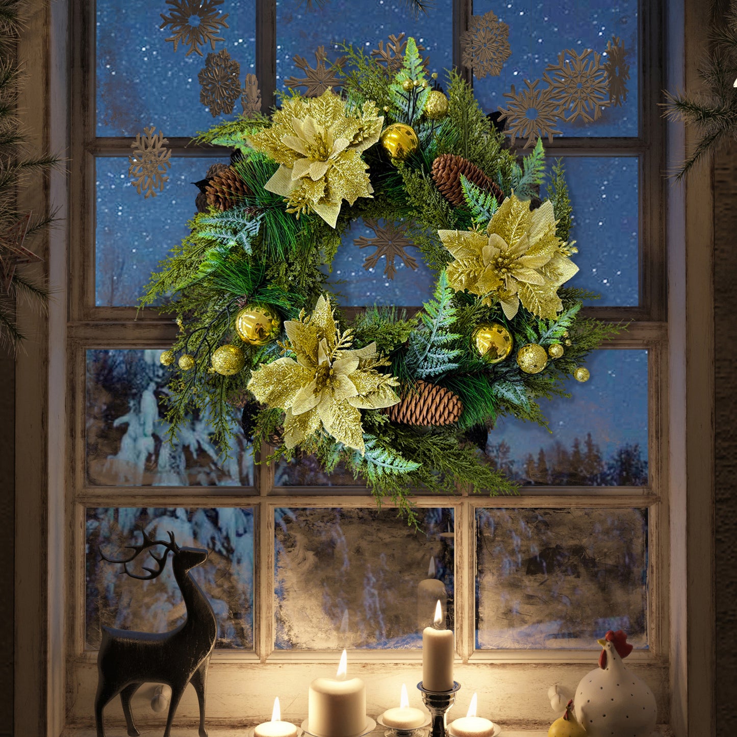 HioHa 16-inch Classic Christmas Wreath with Pine Cones & Berries, Full Artificial Holiday Wreath for Door Wall Mantel Decor, Indoor Outdoor Christmas Decorations