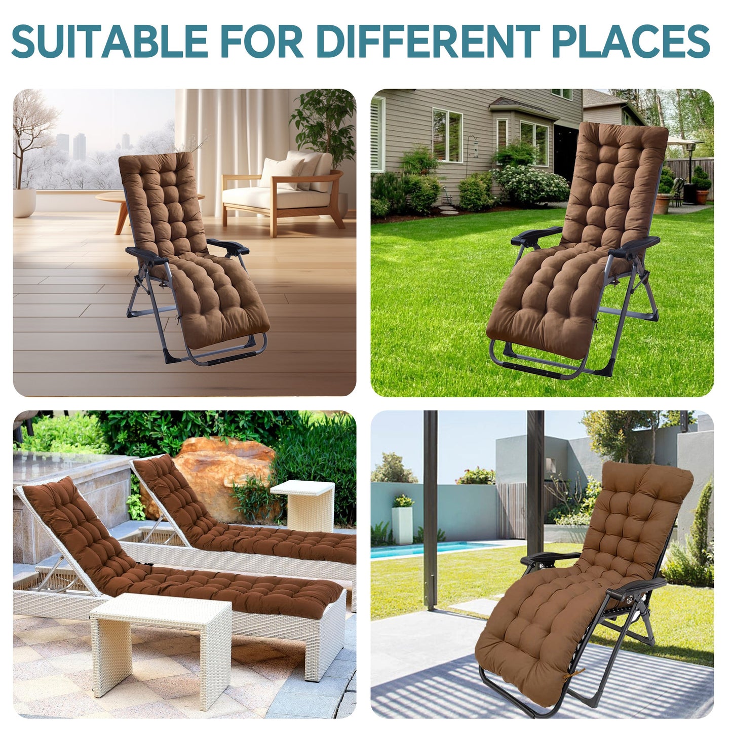 HioHa Chaise Lounge Cushion, 67x20x3 inch Rocking Chair Cushion with Ties and Top Cover, Patio Swing Bench Cushion Sofa Mat for Outdoor Indoor Furniture(Brown)