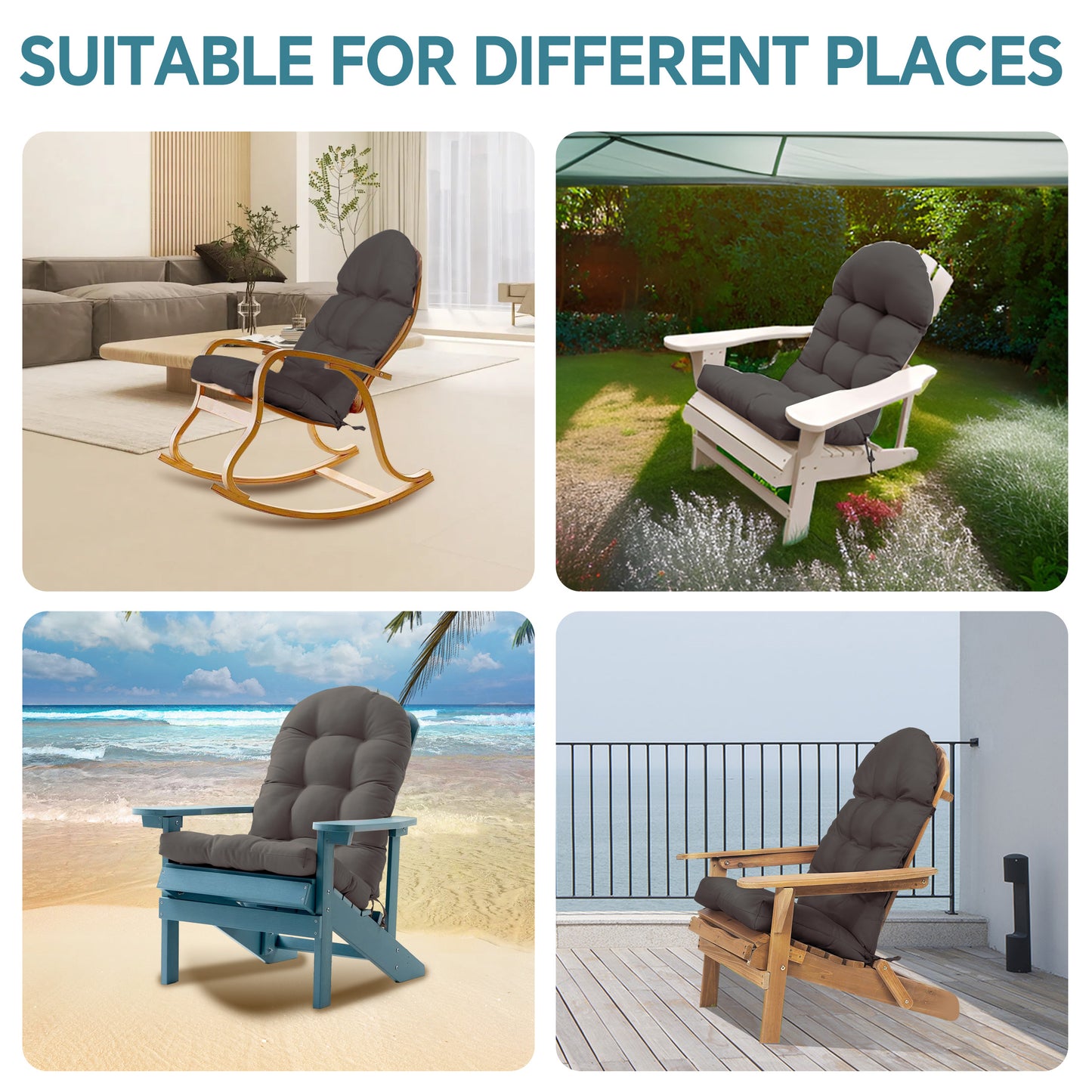 HioHa Adirondack Chair Cushion, 49x20x4.7 inch Patio Chair Cushion with Ties, Indoor/Outdoor Rocking Chair Cushion with Sunproof Waterproof and Fade-Resistant(Gray, 2pc)