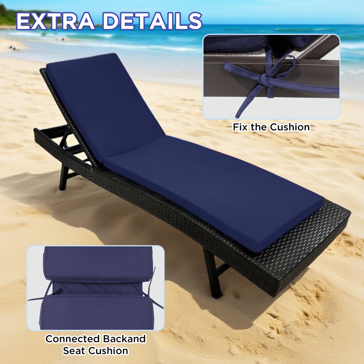 LCGOD Outdoor Chaise Lounge Cushions, 72x21x3 inch Patio Recliner Chair Cushion with Ties, High-Density Foam Chair Cushion for Outdoor Furniture, Dark Blue
