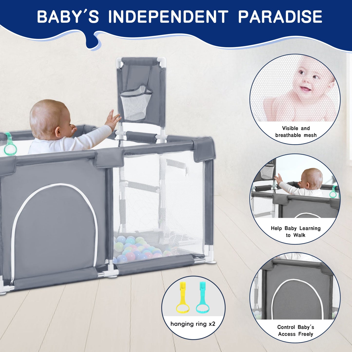 HioHa Large Baby Playpen, Big Playard with Basketball Hoop, Portable Play Yard Baby Fences with Storage Bag for Infant Toddler