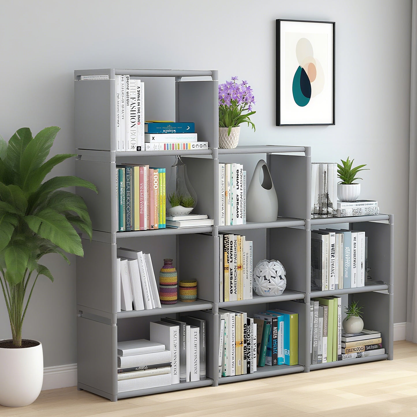 HioHa 12-Cube Storage Organizer, Portable Folding Bookshelf with Adjustable Shelves , Space Saving Unit for Home Office Closet , Grey