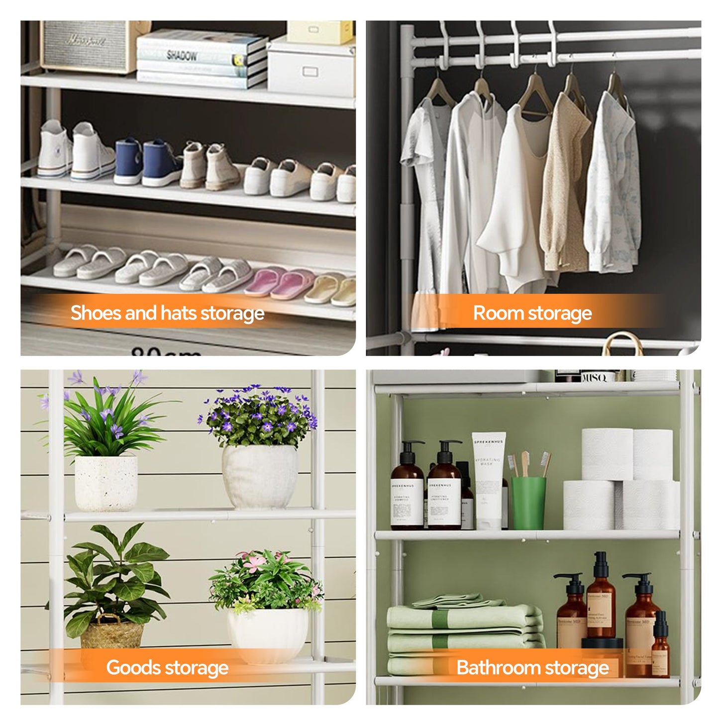 HioHa Coat and Shoe Rack, Hall Tree for Entryway with 4-Tier Storage Shelves,Storage Organizer with 8 Hooks for Bedroom, Hallway, Office, White