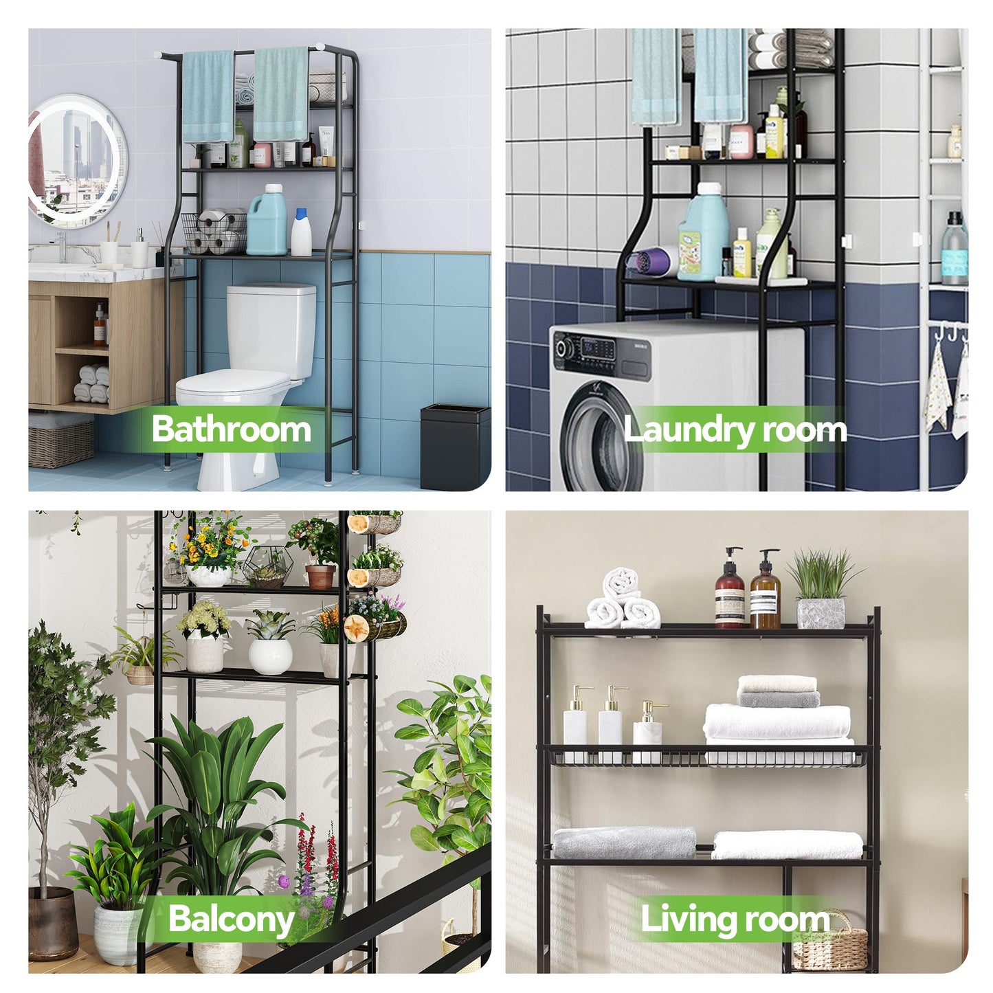 HioHa Over the Toilet Storage, Bathroom Organizers and Storage Shelf with Hanging Rod Paper Holder and 3 Hooks, Freestanding Toilet Rack Space Saver, Black