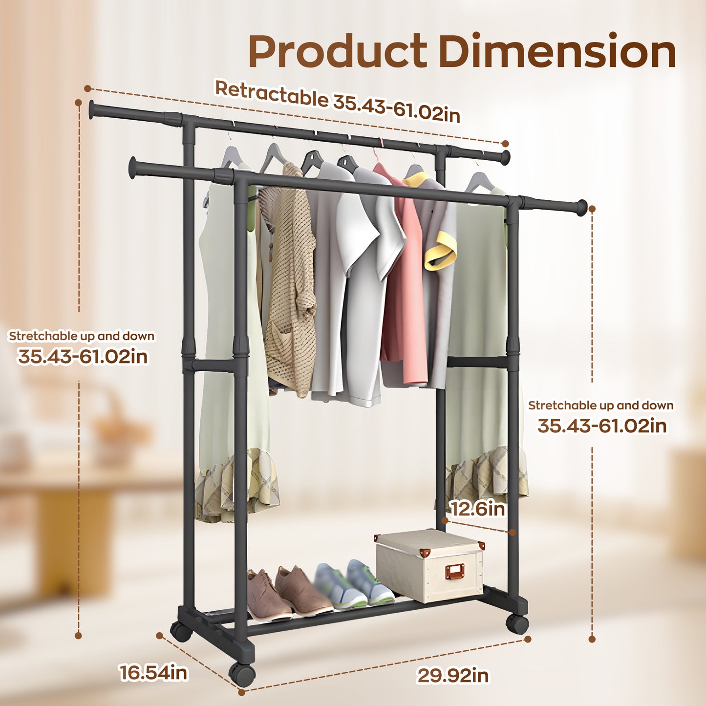 HioHa Clothes Rack, Heavy Duty Clothing Racks or Hanging Racks with Shelf, Adjustable Garment Rack with Wheels 35-61Wx16Dx35-61H Inches for Bedroom Laundry Living Room