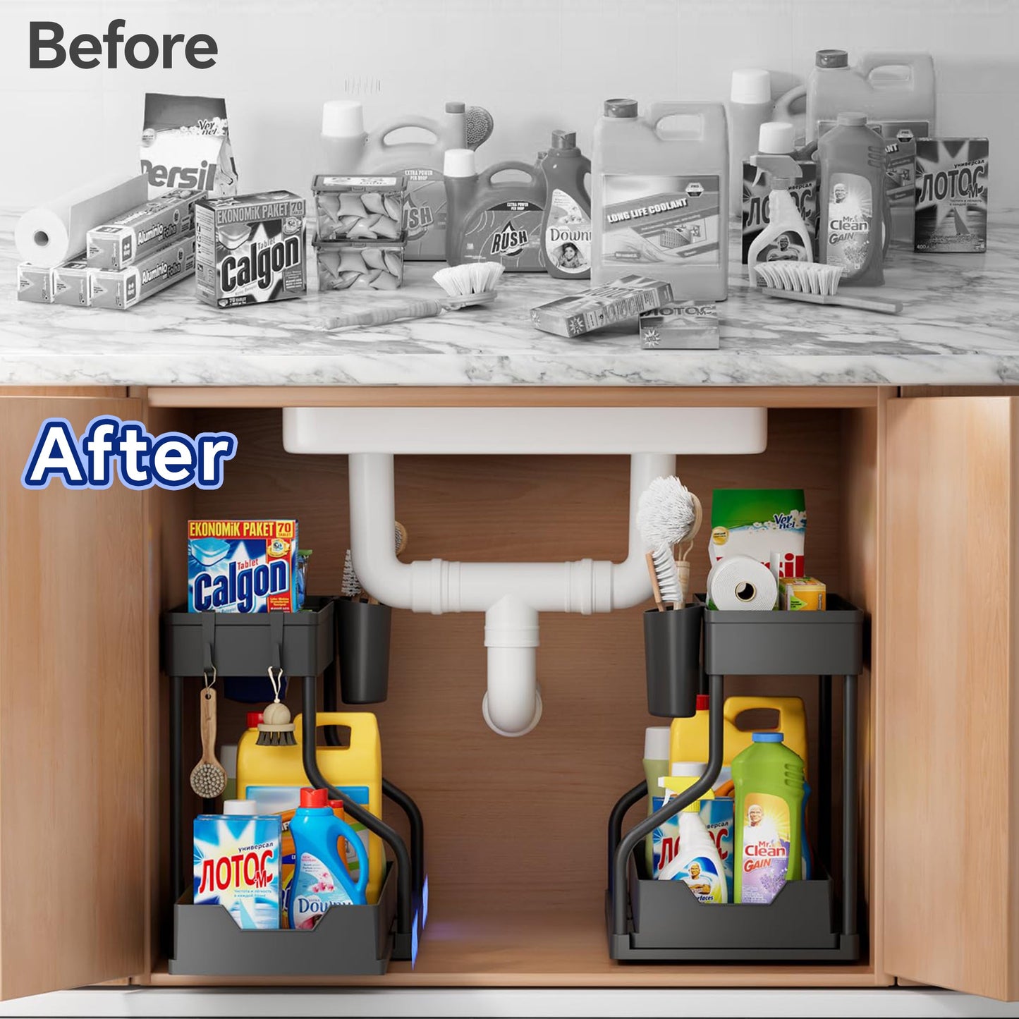 HioHa Under Sink Organizer, L-Shaped Pull Out Cabinet Organizer for Narrow Space, 2 Tier Drawer Organization and Storage Shelves for Kitchen Bathroom, 2PCS