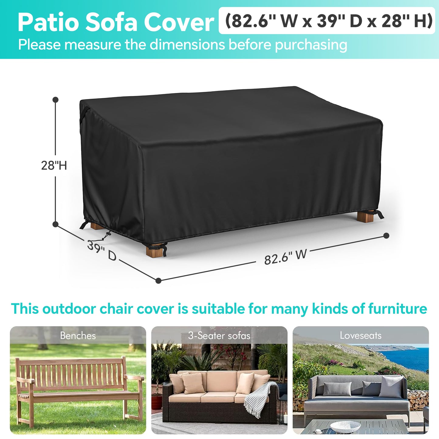 LCGOD Patio Sofa Cover Waterproof, 3-Seater Deep Lounge Loveseat Cover, Lawn Patio Furniture Cover, Heavy Duty Outdoor Couch Cover with Handle, 83" W x 39" D x 28" H