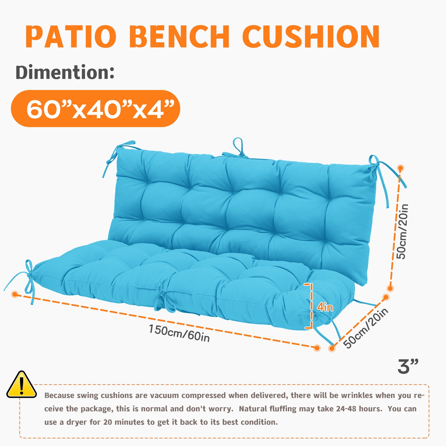 LCGOD Patio Bench Cushion, for Outdoor Swing Chair, Waterproof & Fade Resistant, 60x40x4 in, Blue
