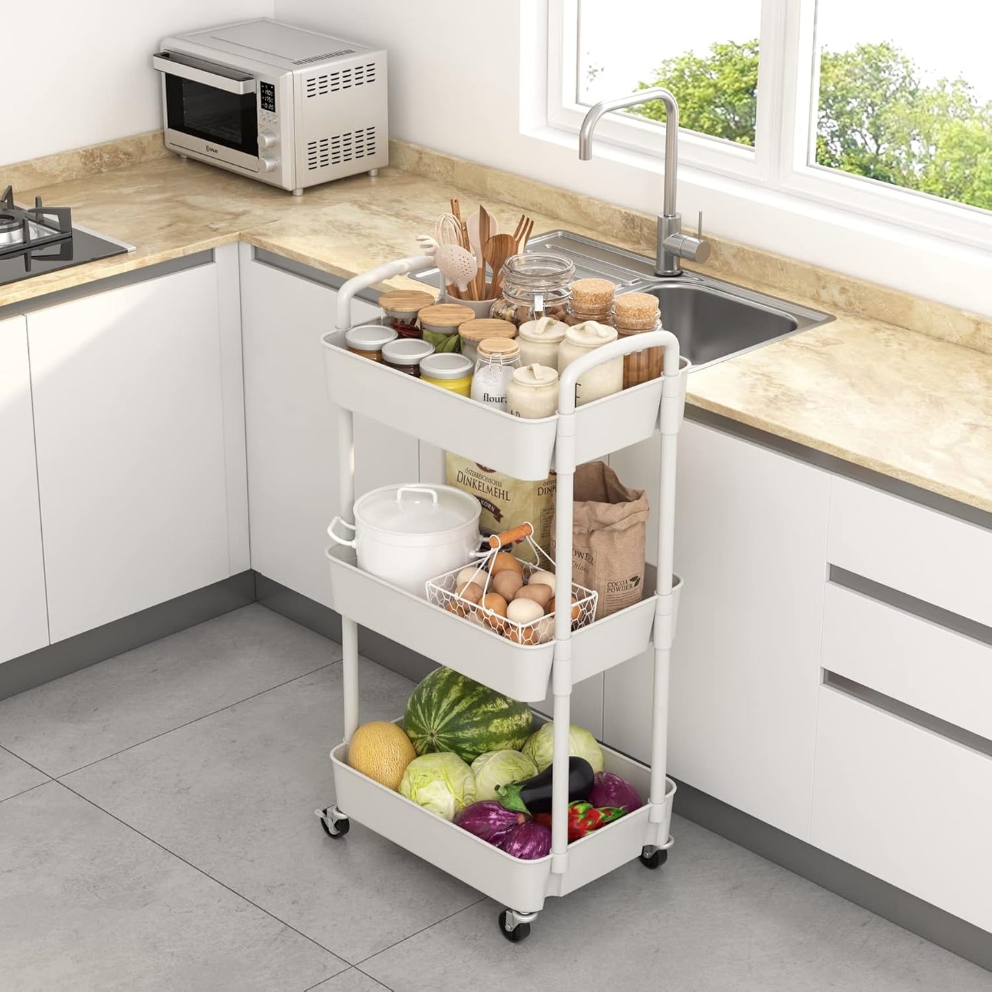 HioHa Rolling Utility Cart, 3-Tier Storage Cart Movably with Drawer & Metal Wheels, Multifunctional Storage Organizer Shelves with Handle for Kitchen Bathroom Living Room Office