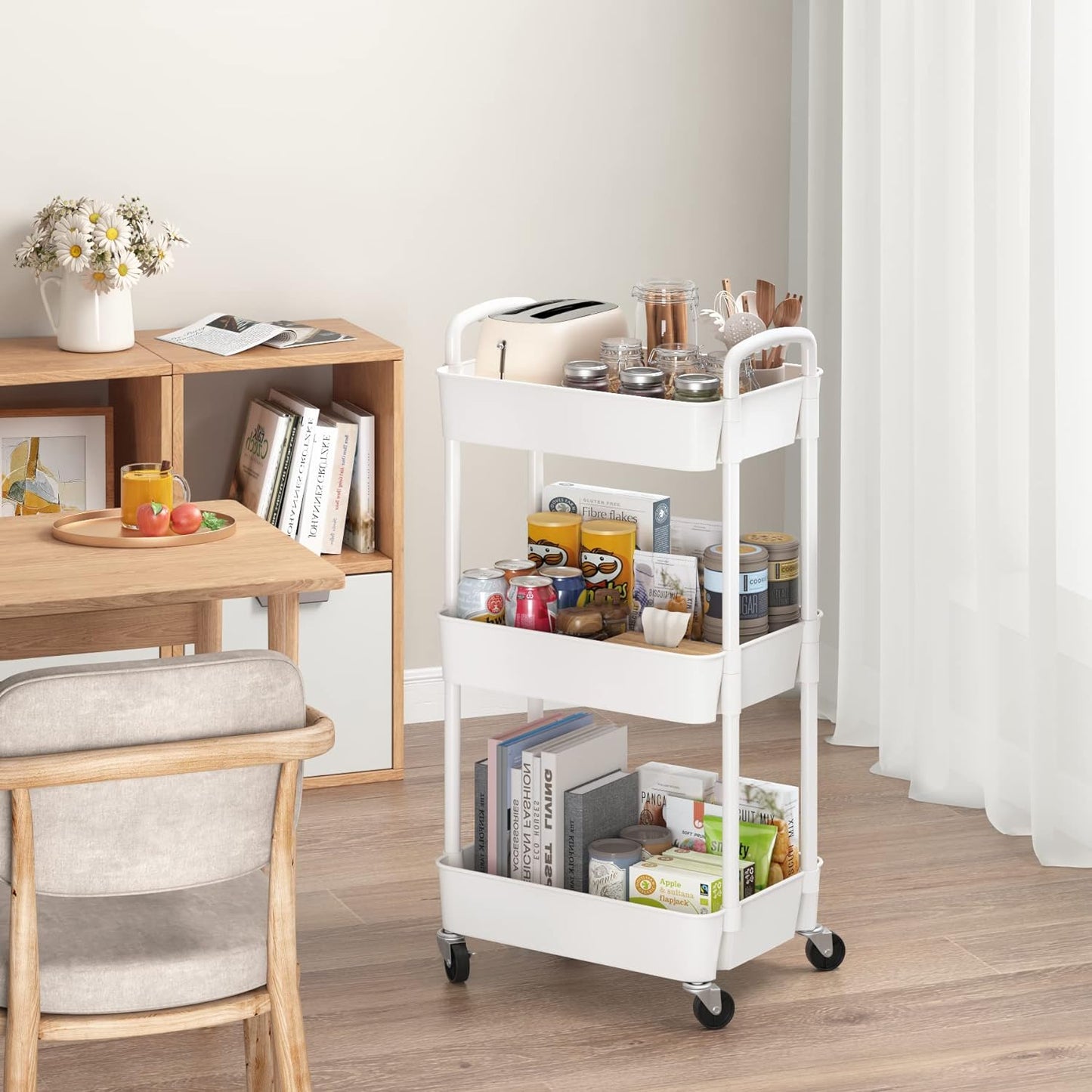 HioHa Rolling Utility Cart, 3-Tier Storage Cart Movably with Drawer & Metal Wheels, Multifunctional Storage Organizer Shelves with Handle for Kitchen Bathroom Living Room Office